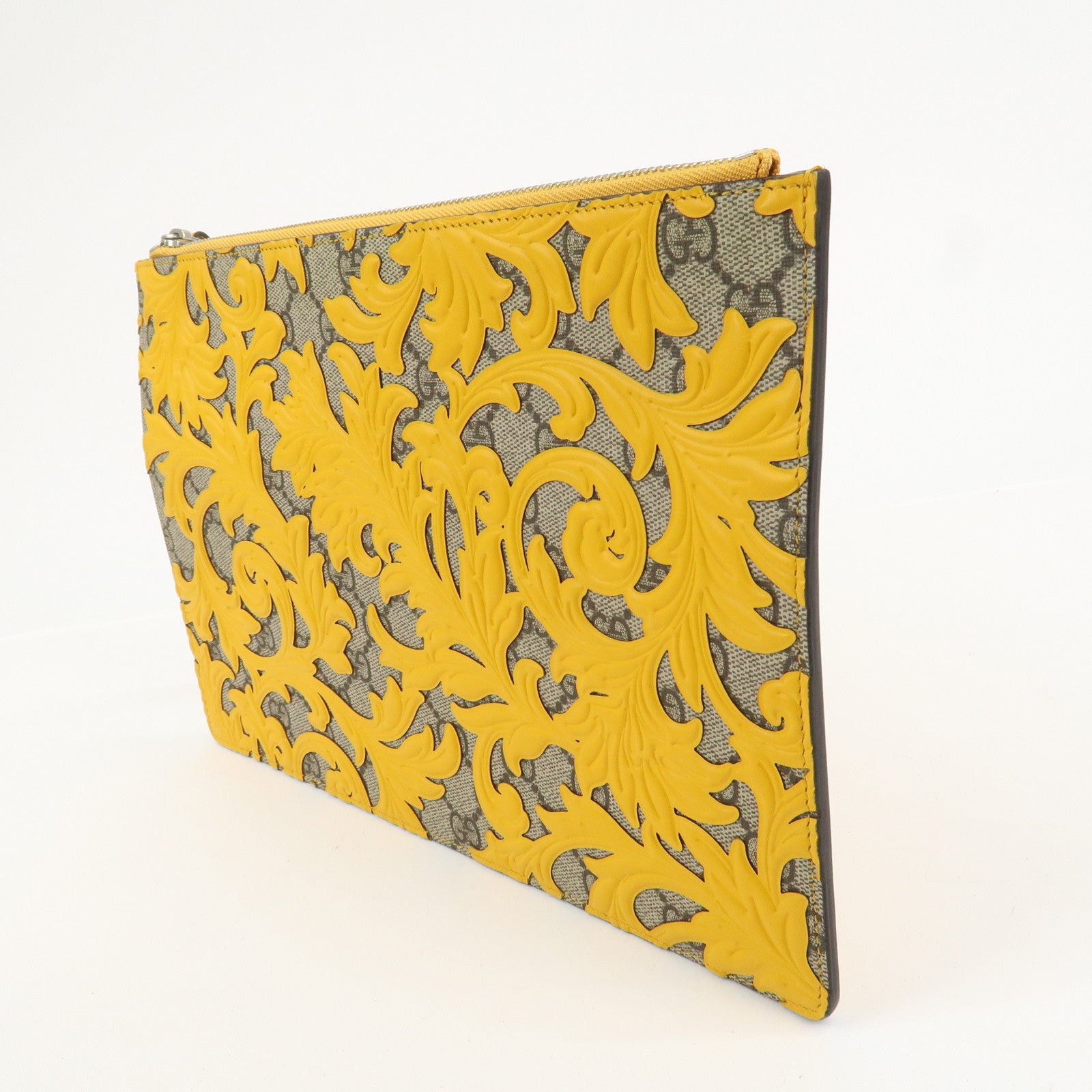 GUCCI GG Supreme Arabesque Leather Clutch Bag Beige Yellow 410810