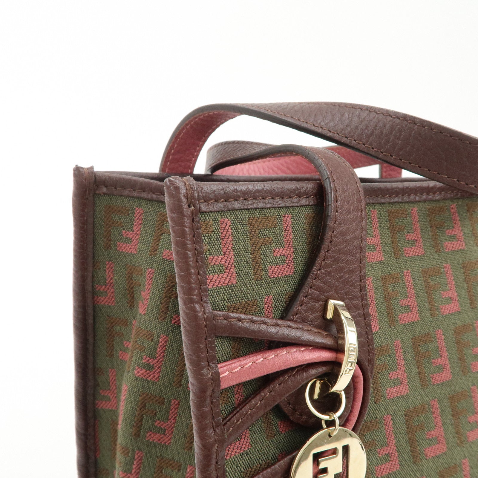 FENDI Zucchino Leather Canvas Hand Bag Khaki Bordeaux