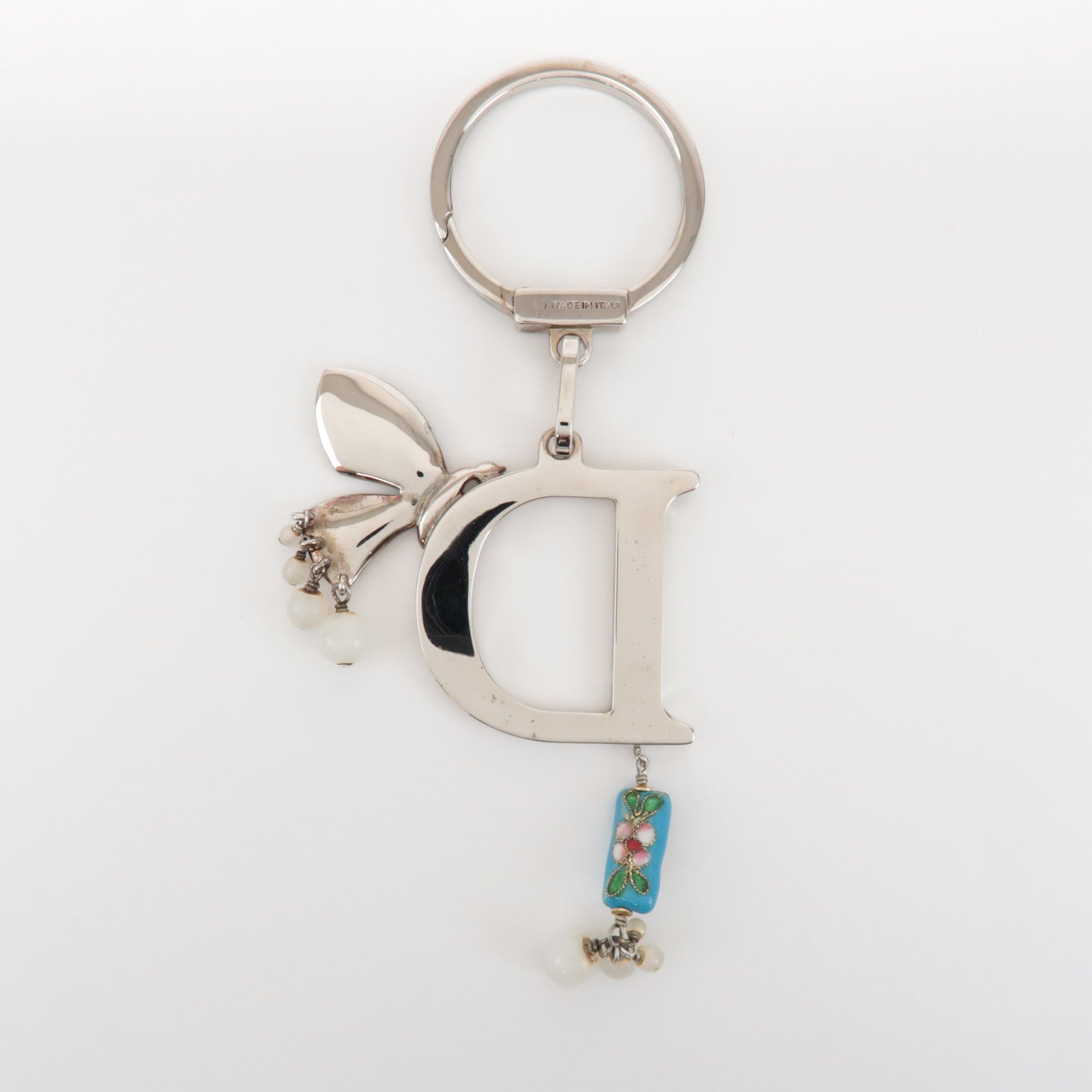 Christian Dior Metal Leather Butterfly Bag Charm Key Chain White