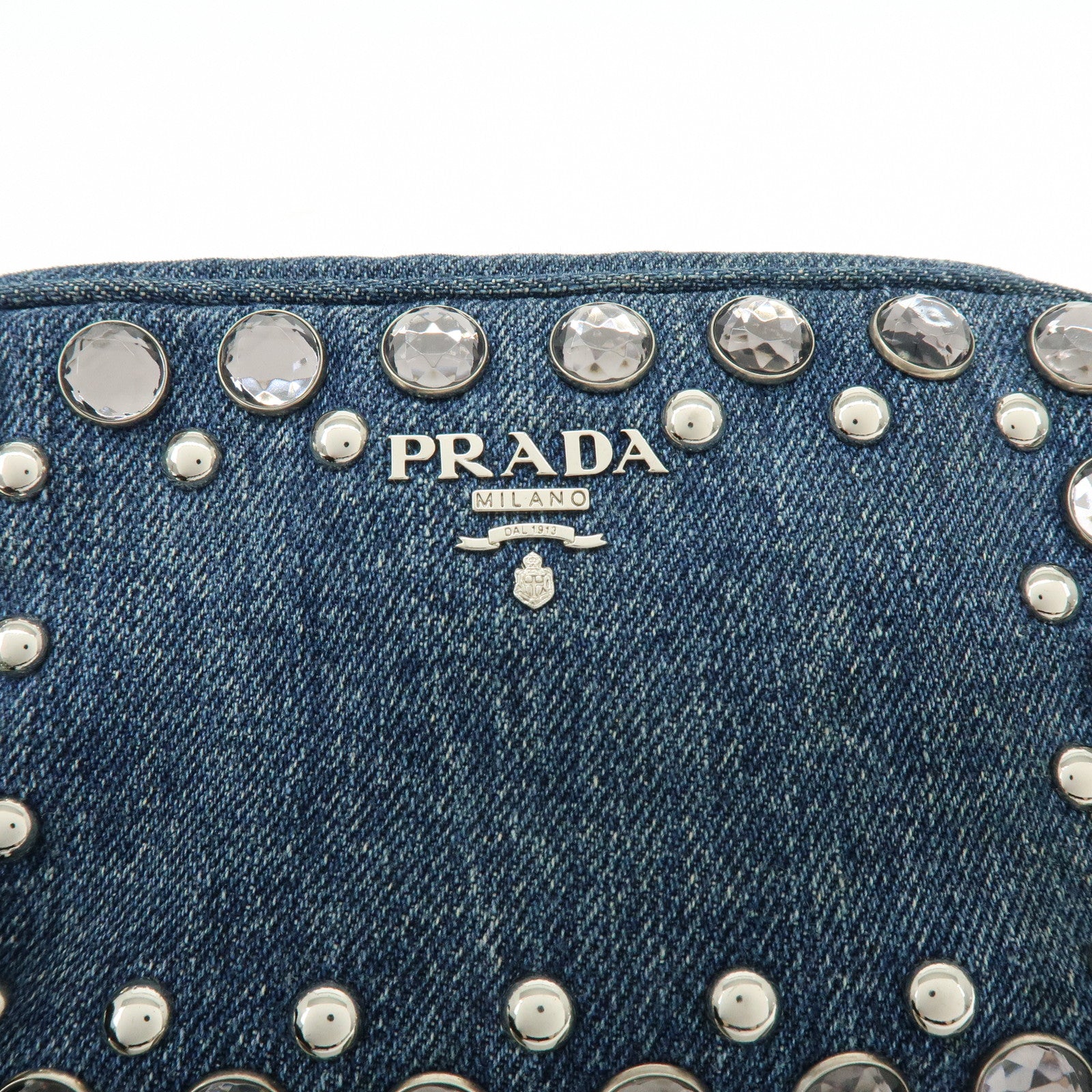 PRADA Logo Denim Shoulder Bag Crossbody Bag Rhinestone Blue