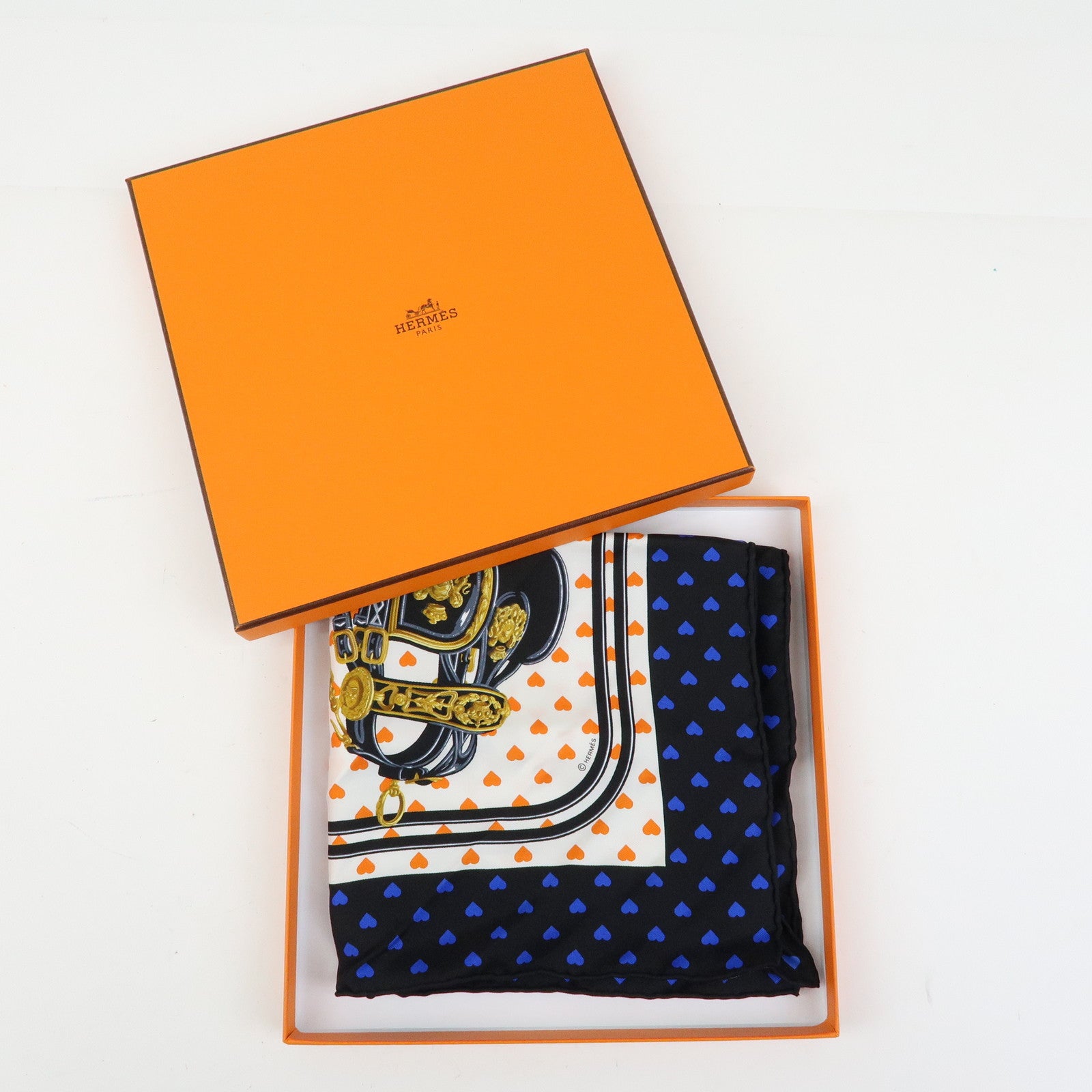 HERMES Carre 42 Silk 100% Scarf BRIDES DE GALA Black Orange