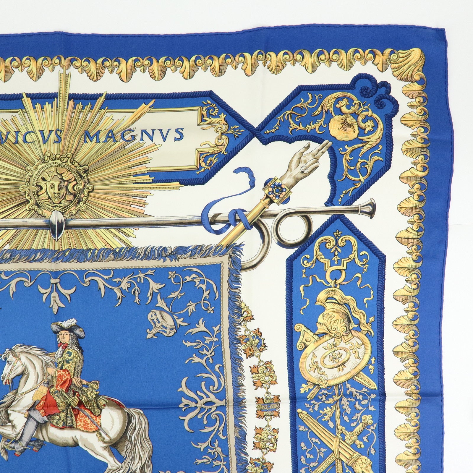 HERMES Carre 90 Silk 100% LVDOVICVS MAGNVS Scarf Blue Gold
