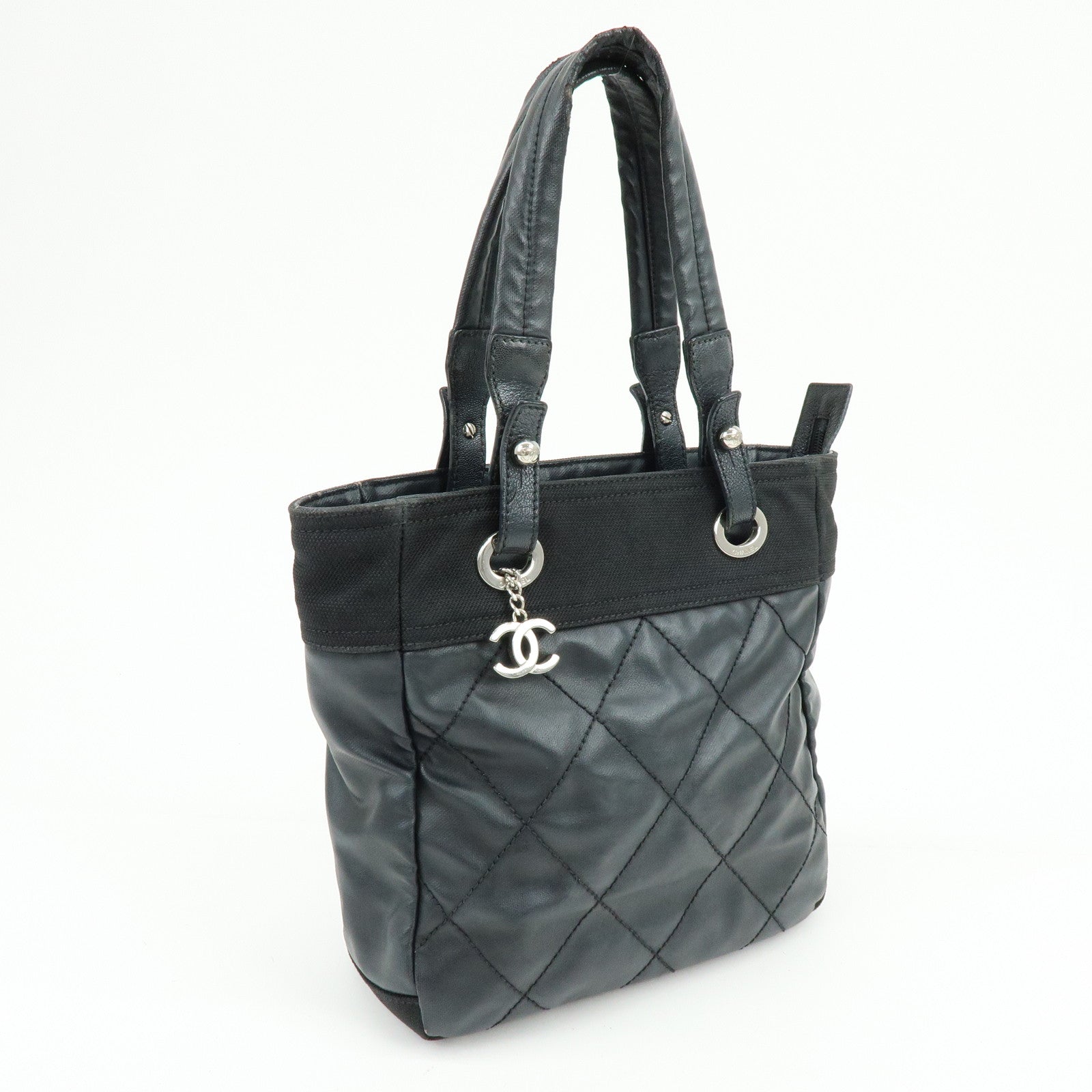 CHANEL Paris Biarritz PM PVC Canvas Leather Tote Bag Black A34208