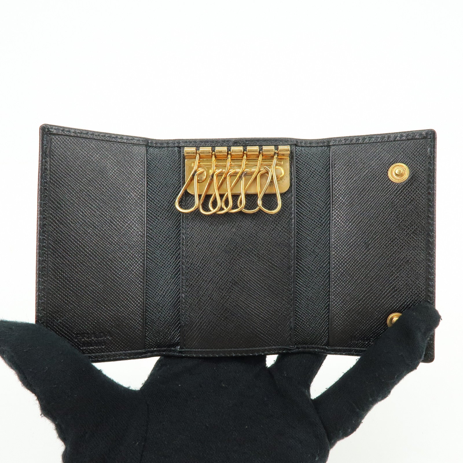 PRADA Triangle Logo Saffiano Leather 6 Rings Key Case Black 1M0222
