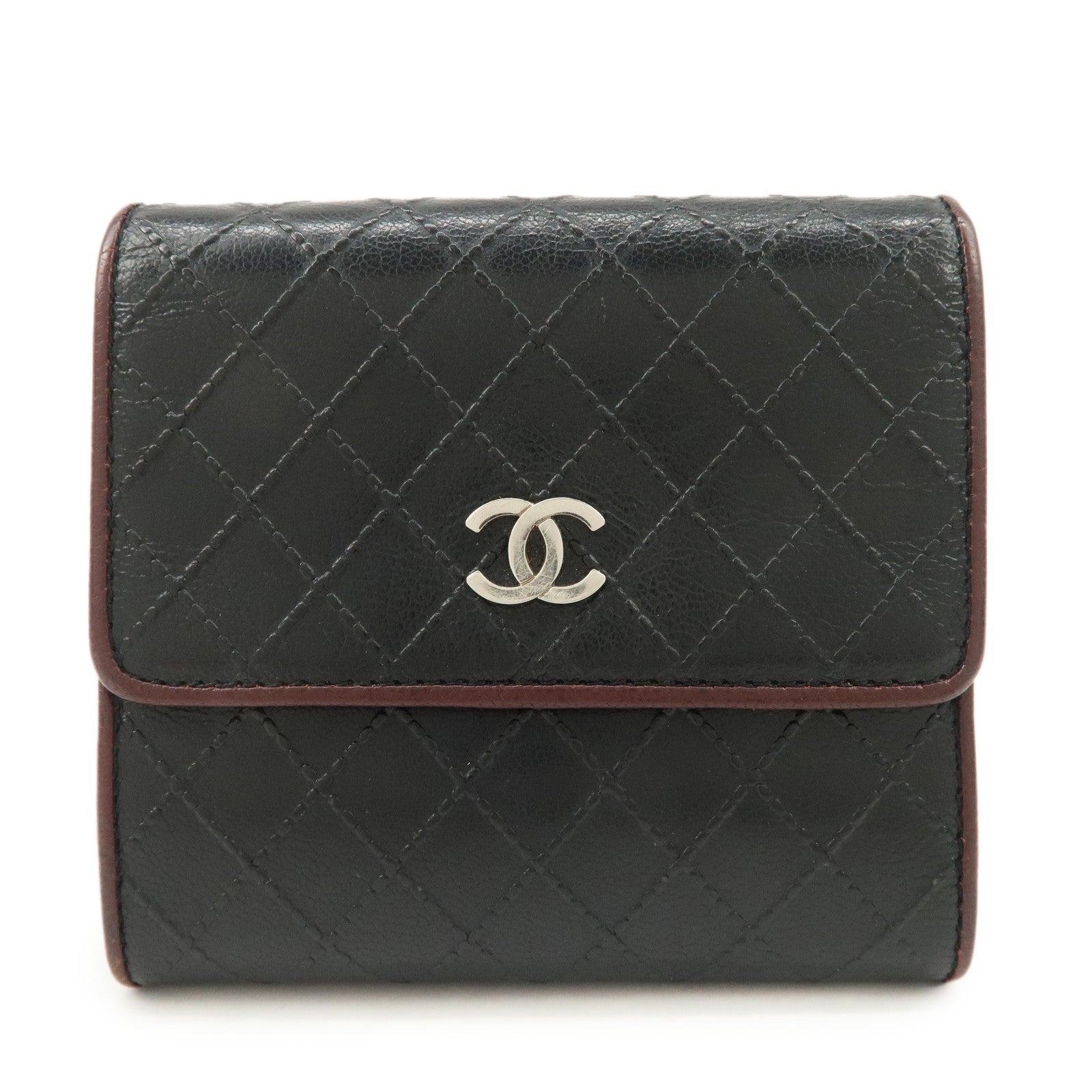 CHANEL Bicolore W Hook Leather Compact Wallet Black A33910 Used
