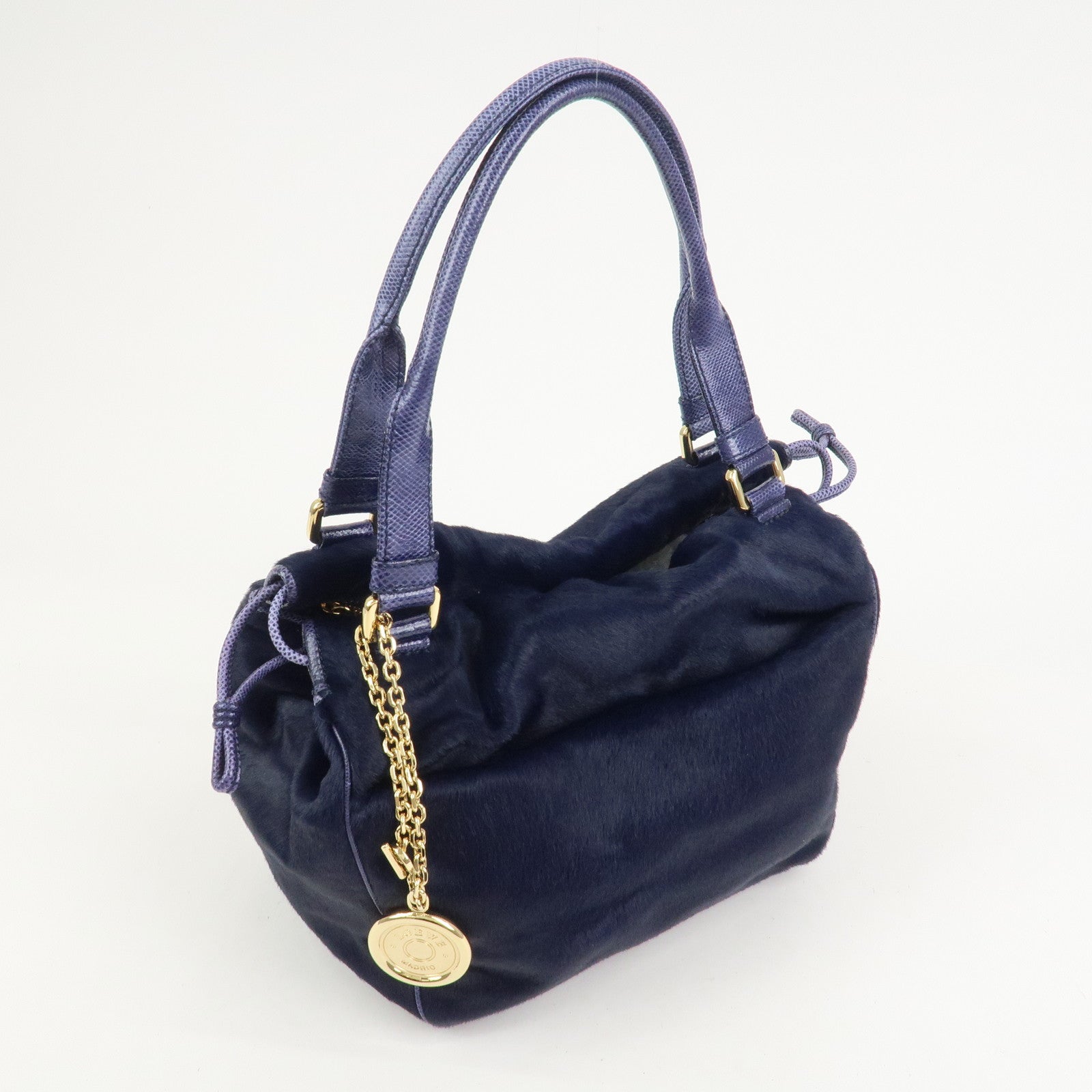 LOEWE Logo Unborn Calf Leather Hand Bag Charm Shoulder Bag Navy