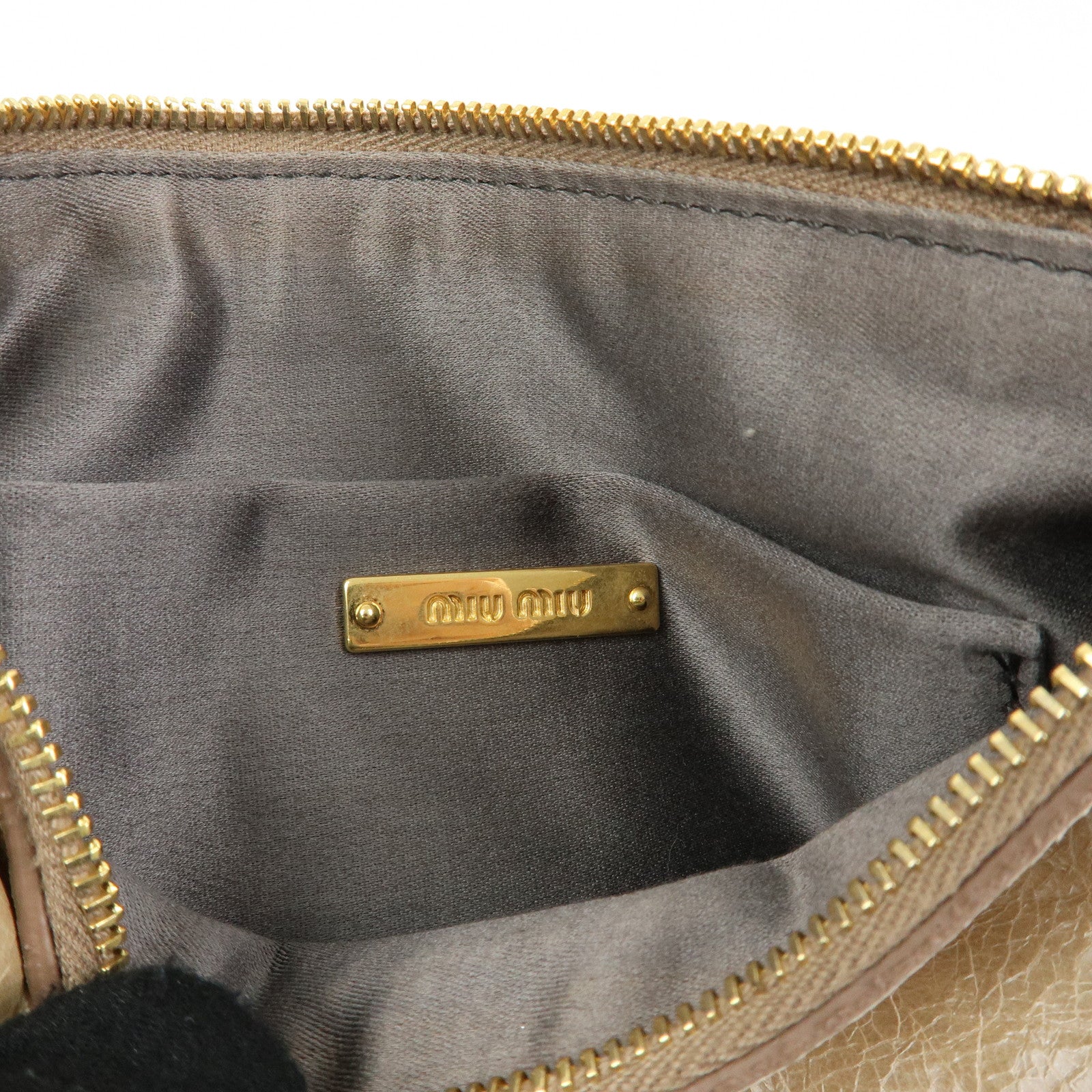 MIU MIU Leather Double Sided Ribbons Hand Bag Shoulder Bag Beige