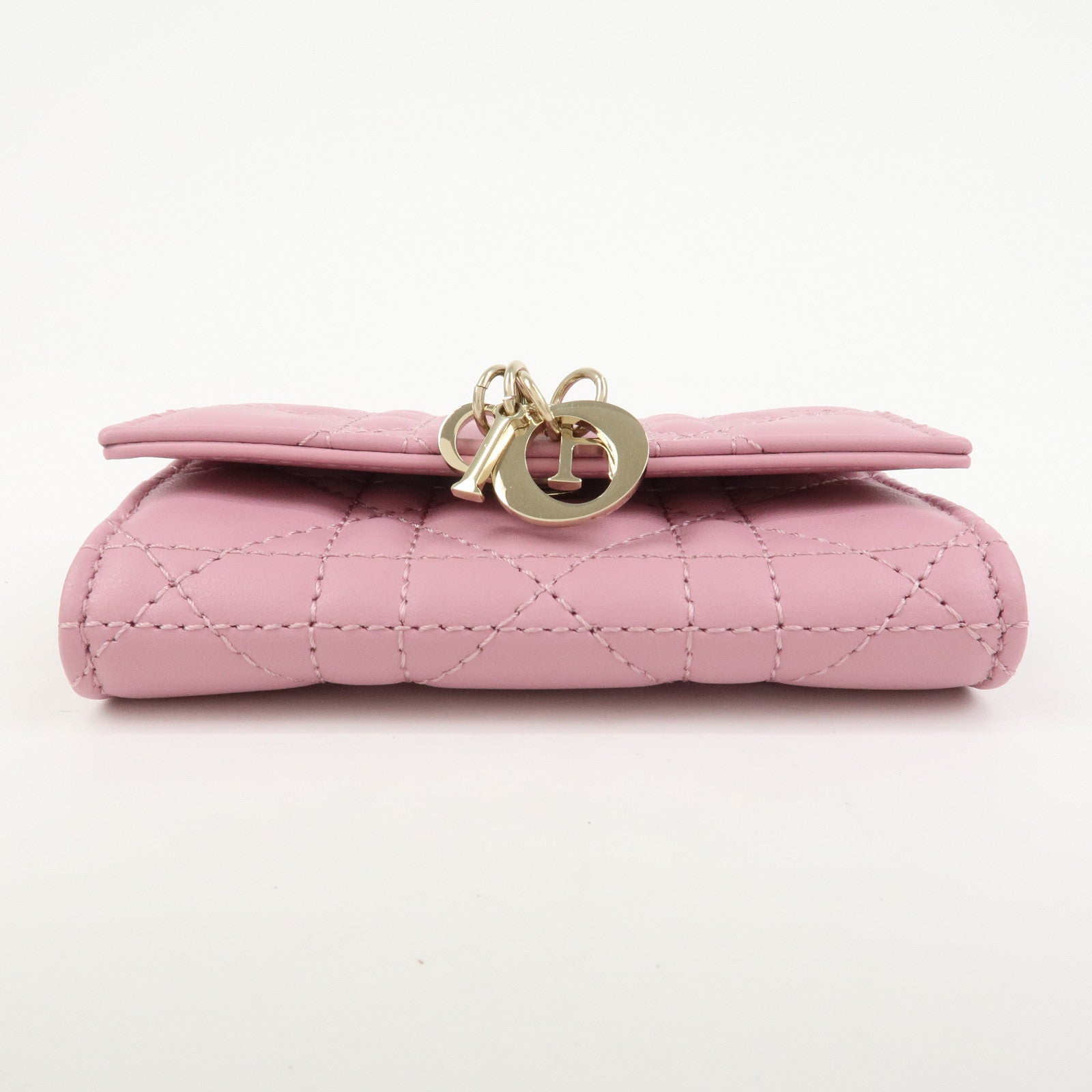 Christian Dior Cannage Logo Leather Bi-fold Compact Wallet Pink