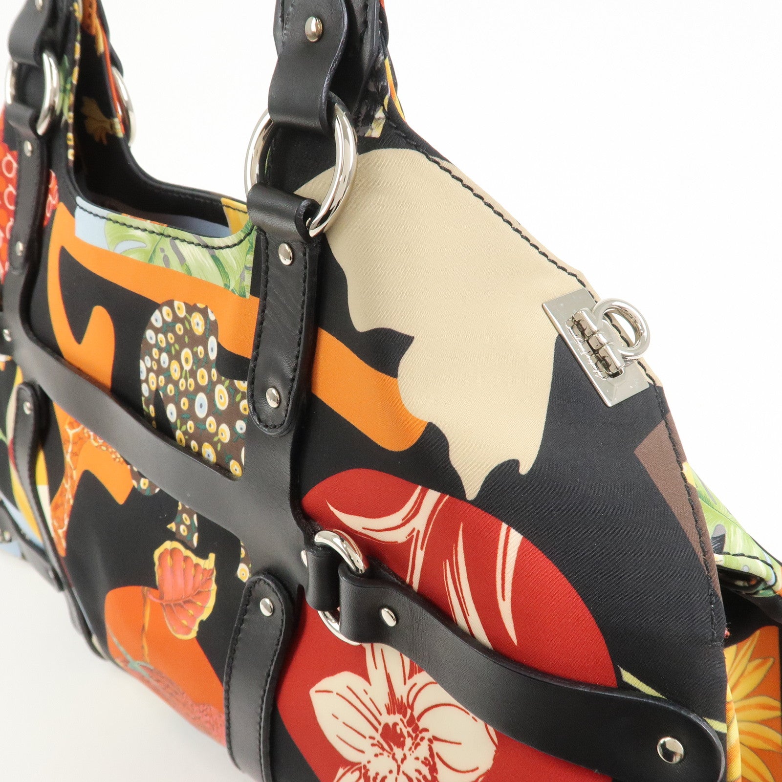 Ferragamo Nylon Leather Hand Bag Shoulder Bag Black Multicolor