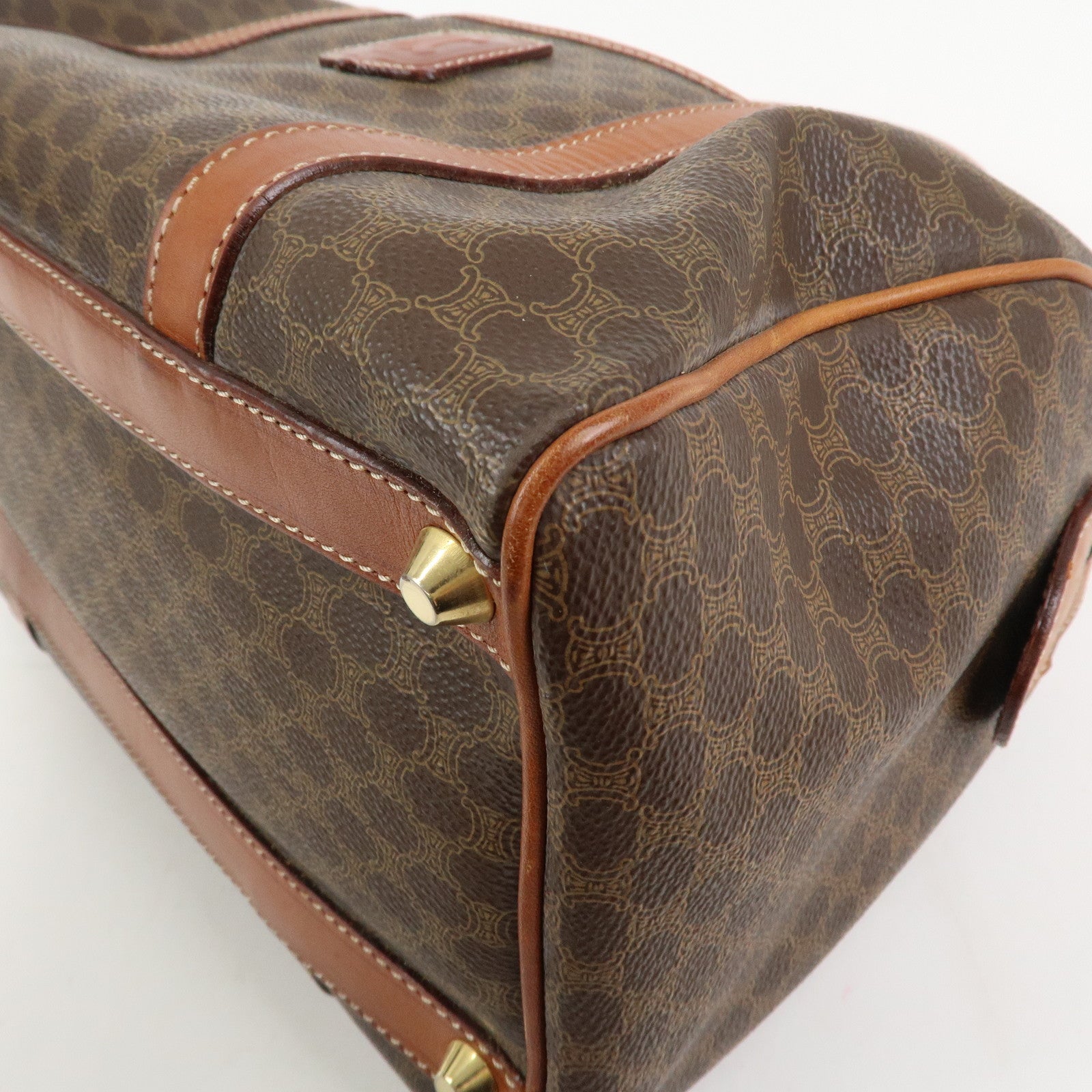 CELINE Macadam PVC Coating Canvas Leather Boston Bag Brown