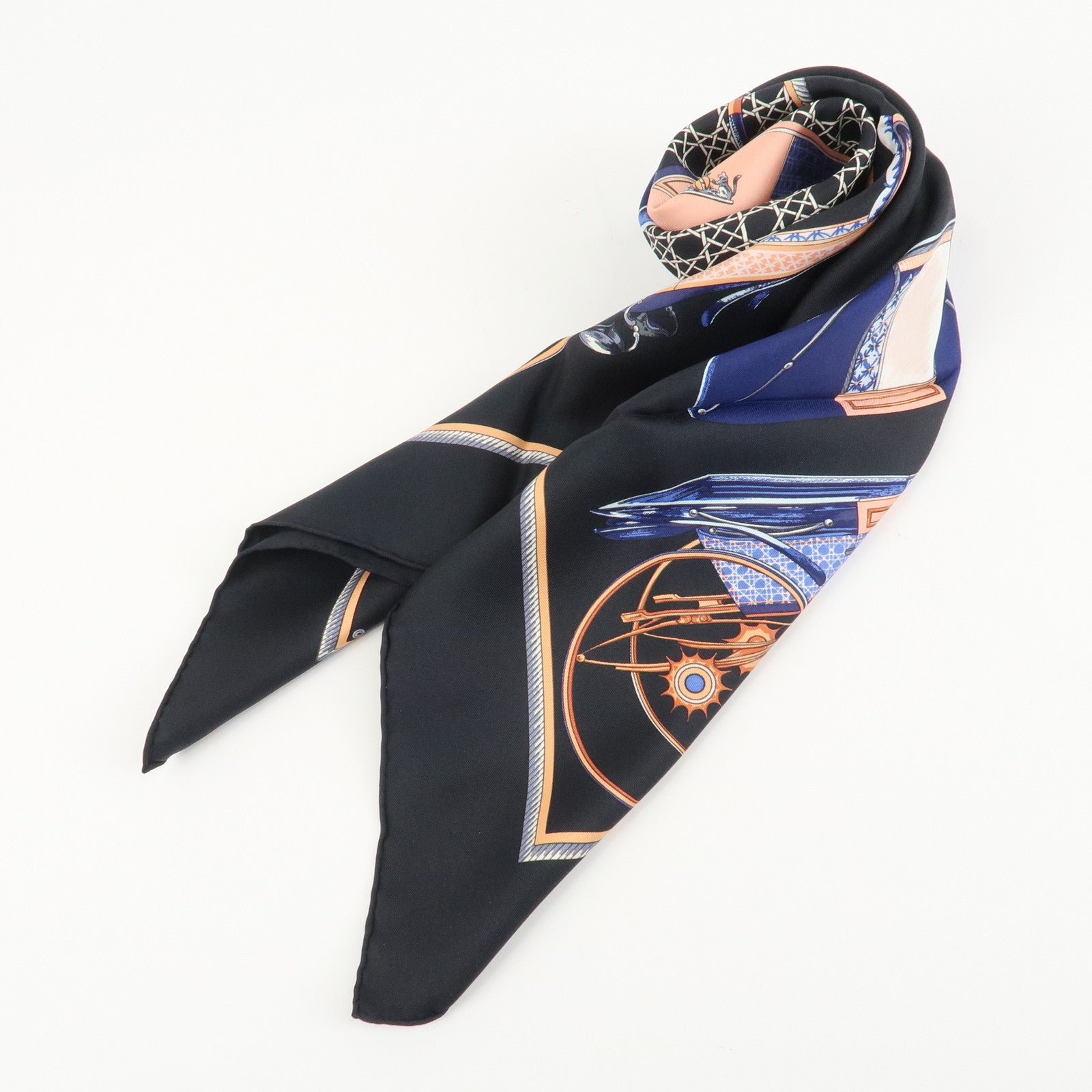 HERMES Carre 90 Silk 100% Scarf CAVALIERS FEULS Knight Print Navy Used