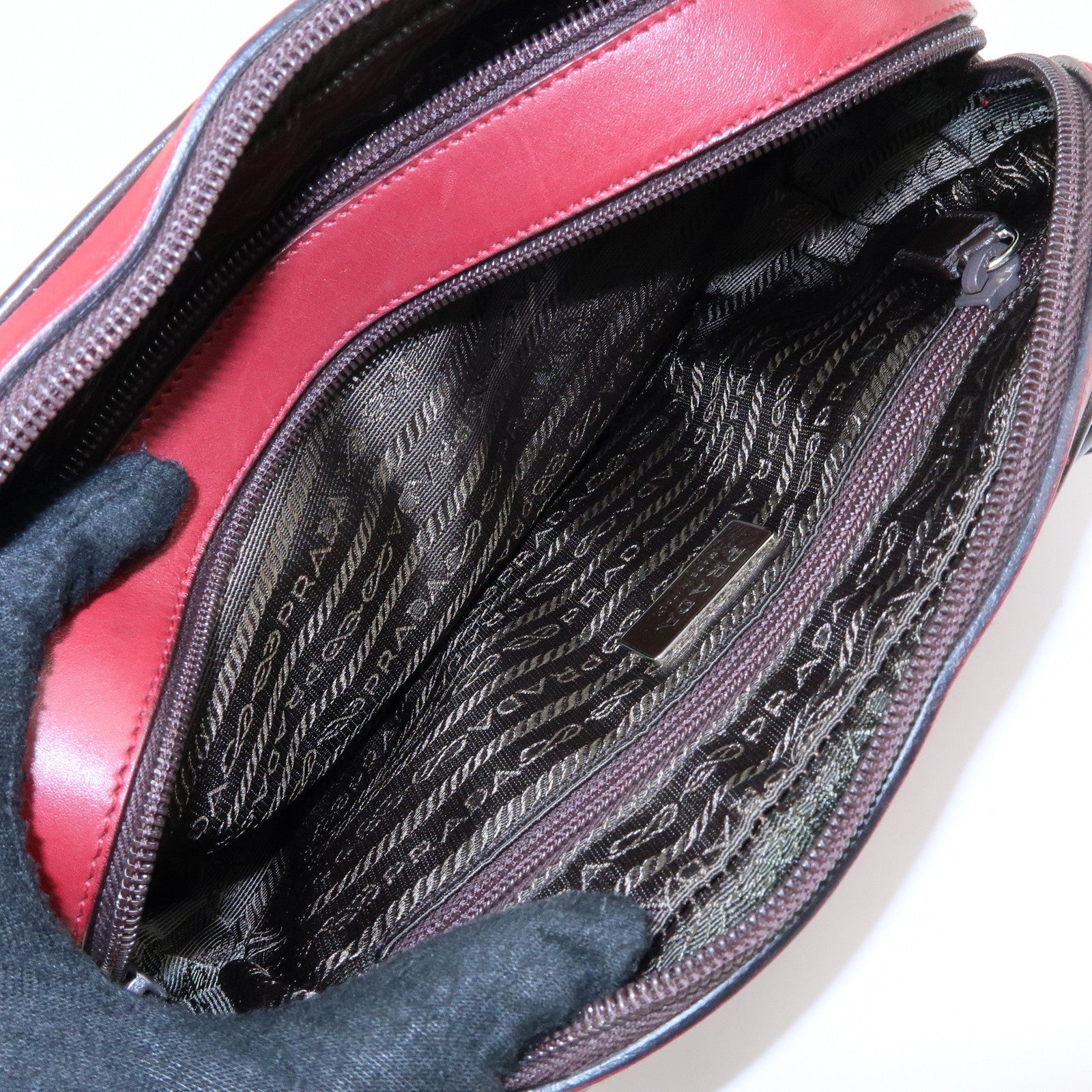 PRADA Leather Bicolor Hand Bag Mini Boston Bag Red Brown