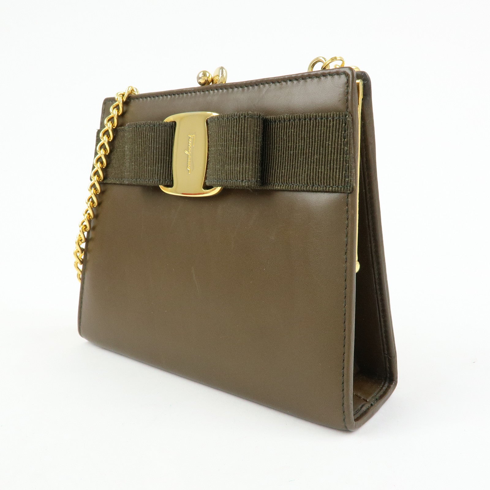 Ferragamo Vara Ribbon Leather Chain Mini Shoulder Bag Brown