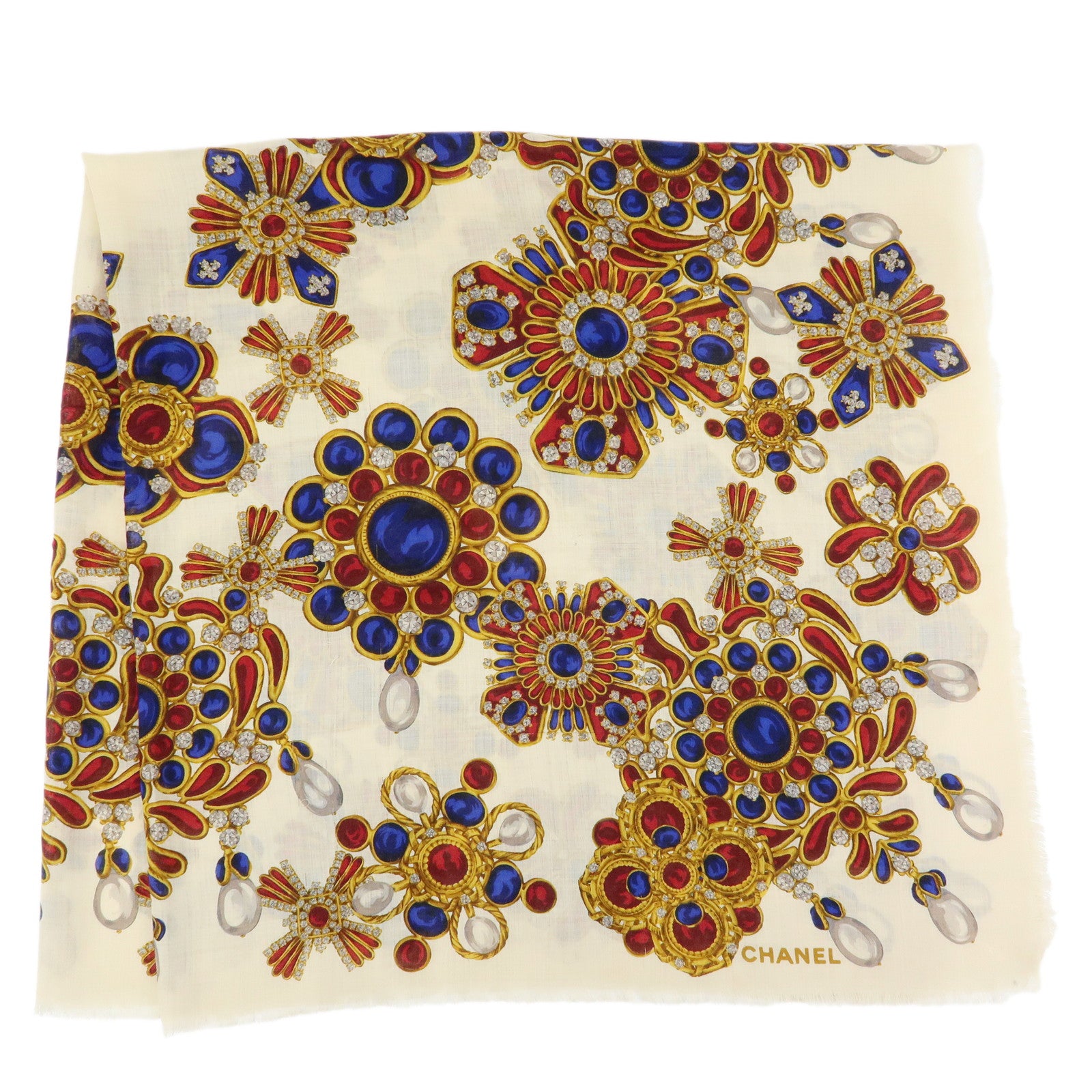 CHANEL Wook Silk Jewlry Pattern Scarf Beige Gold Red Blue