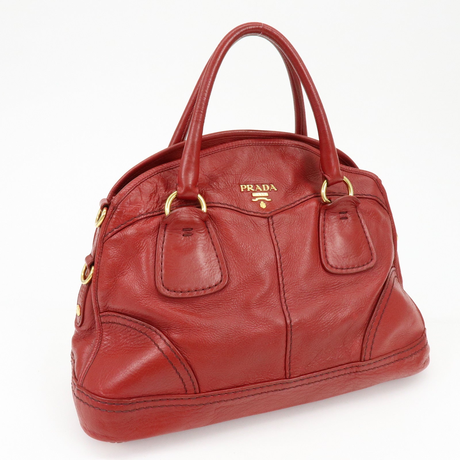 PRADA Cervo Shine Leather Bowler Bag 2Way Tote Bag Red BL0688