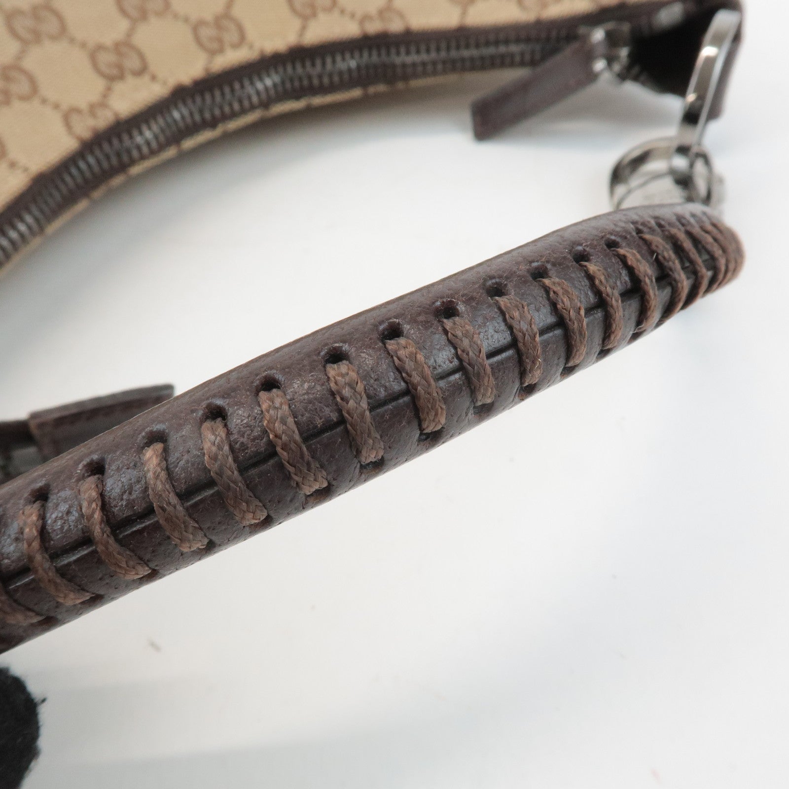 GUCCI GG Canvas Leather Shoulder Bag Hand Bag Beige Dark Brown 115002 Used