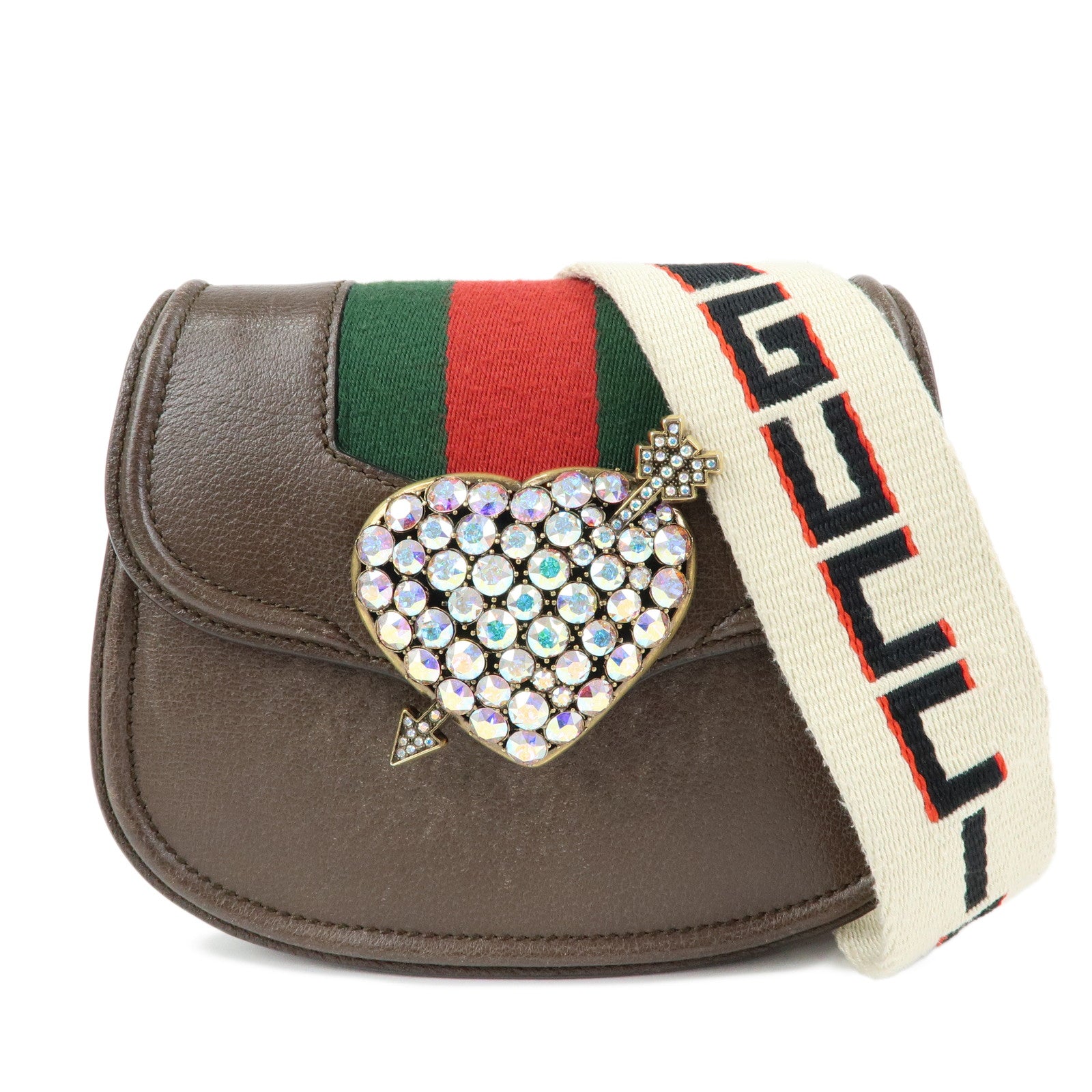 GUCCI Sherry Leather Shoulder Bag Totem Crystal Heart Brown 500756