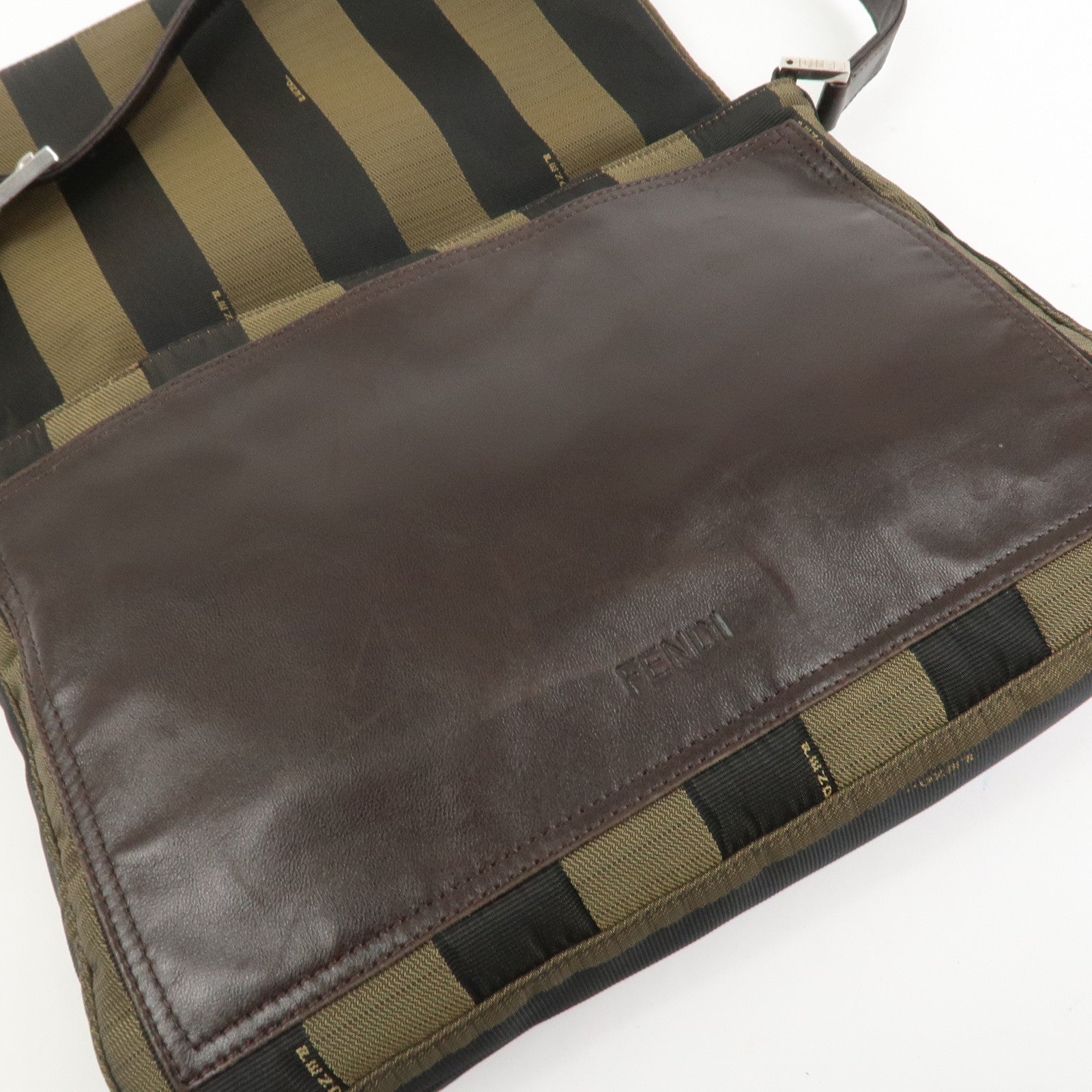 FENDI Pequin Canvas Leather Shoulder Bag Brown Black 26654