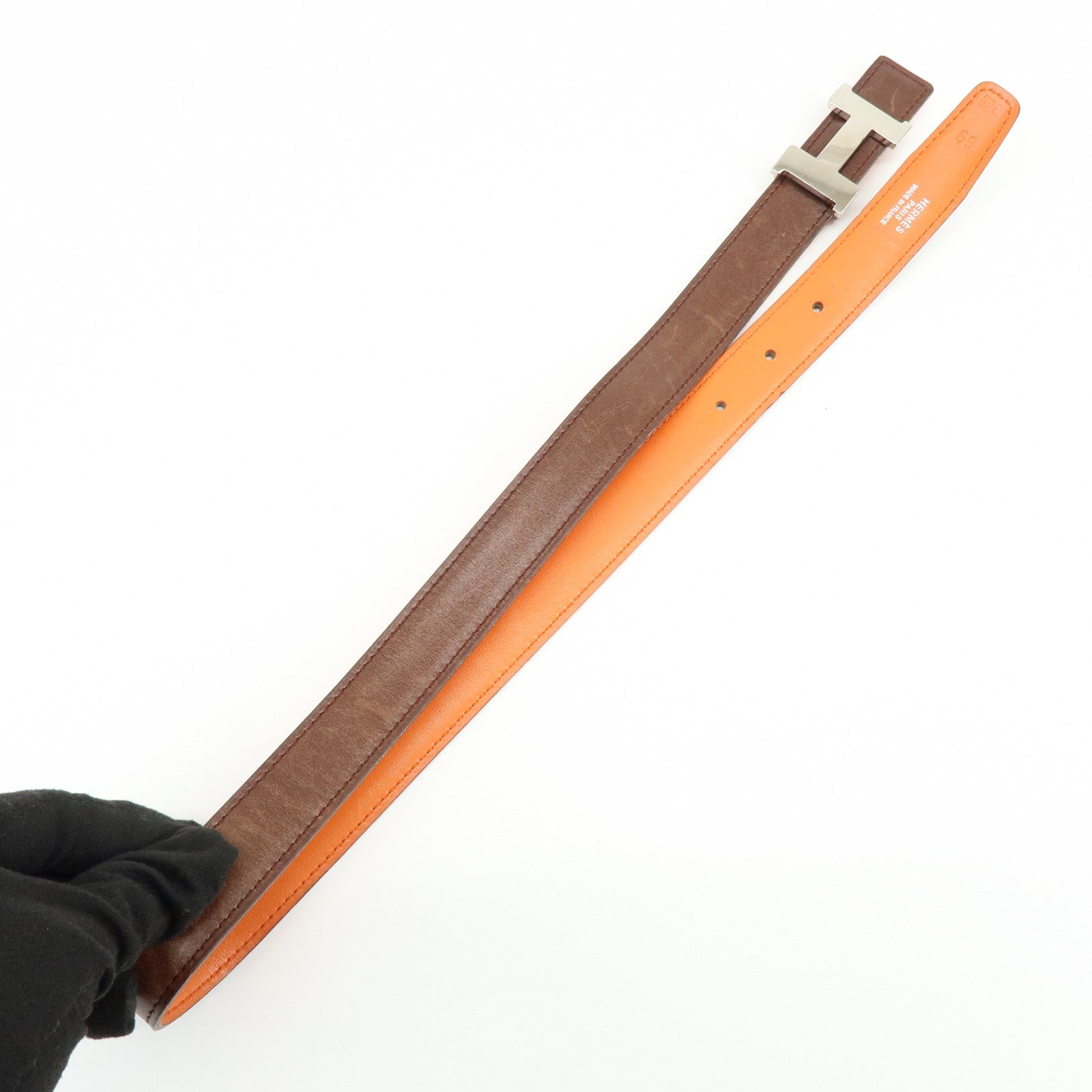 HERMES Leather H Buckle □B Stamped Reversible Constance Belt Brown