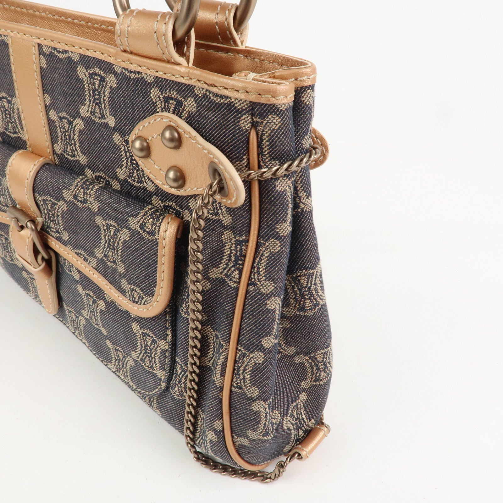 CELINE Macadam Denim Leather Glitter Hand Bag Metallic Pink Navy