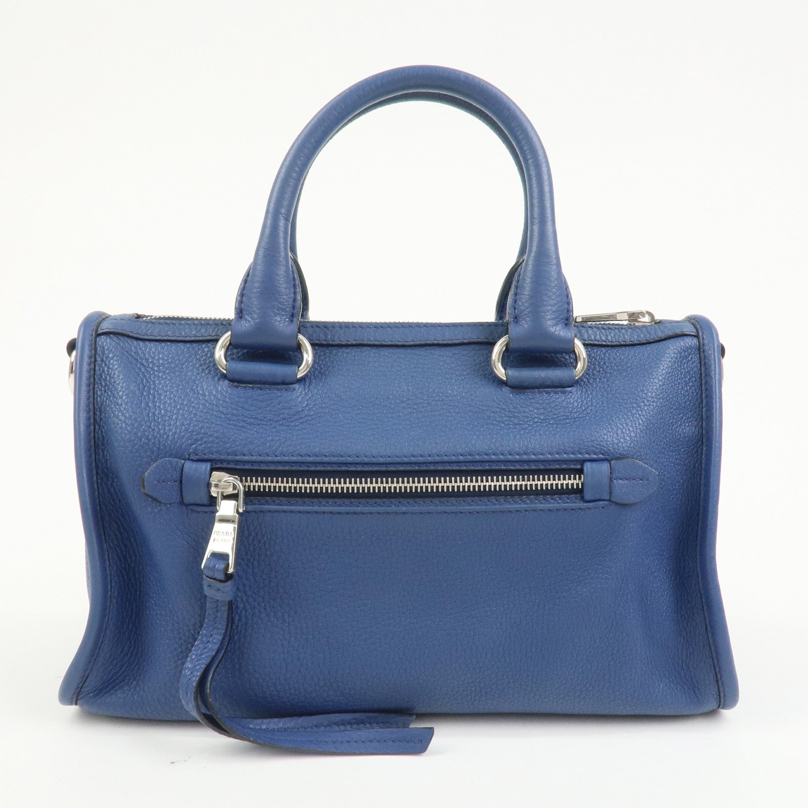PRADA Leather 2Way Bag Hand Bag Shoulder Bag Blue Silver