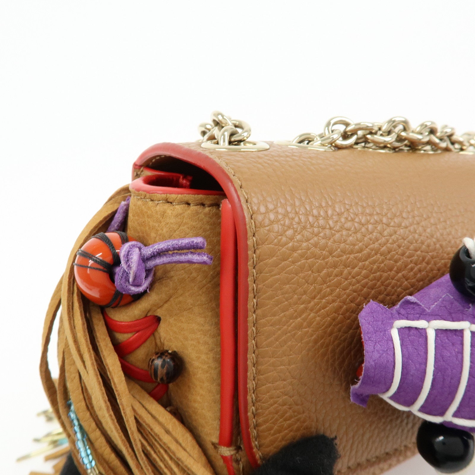 Christian Louboutin Leather Beaded Fringe Shoulder Bag Brown