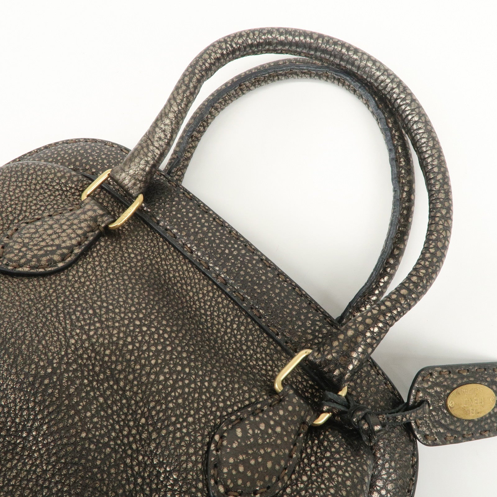 FENDI Selleria Leather Boston Bag Hand Bag Metallic Black 8BN127