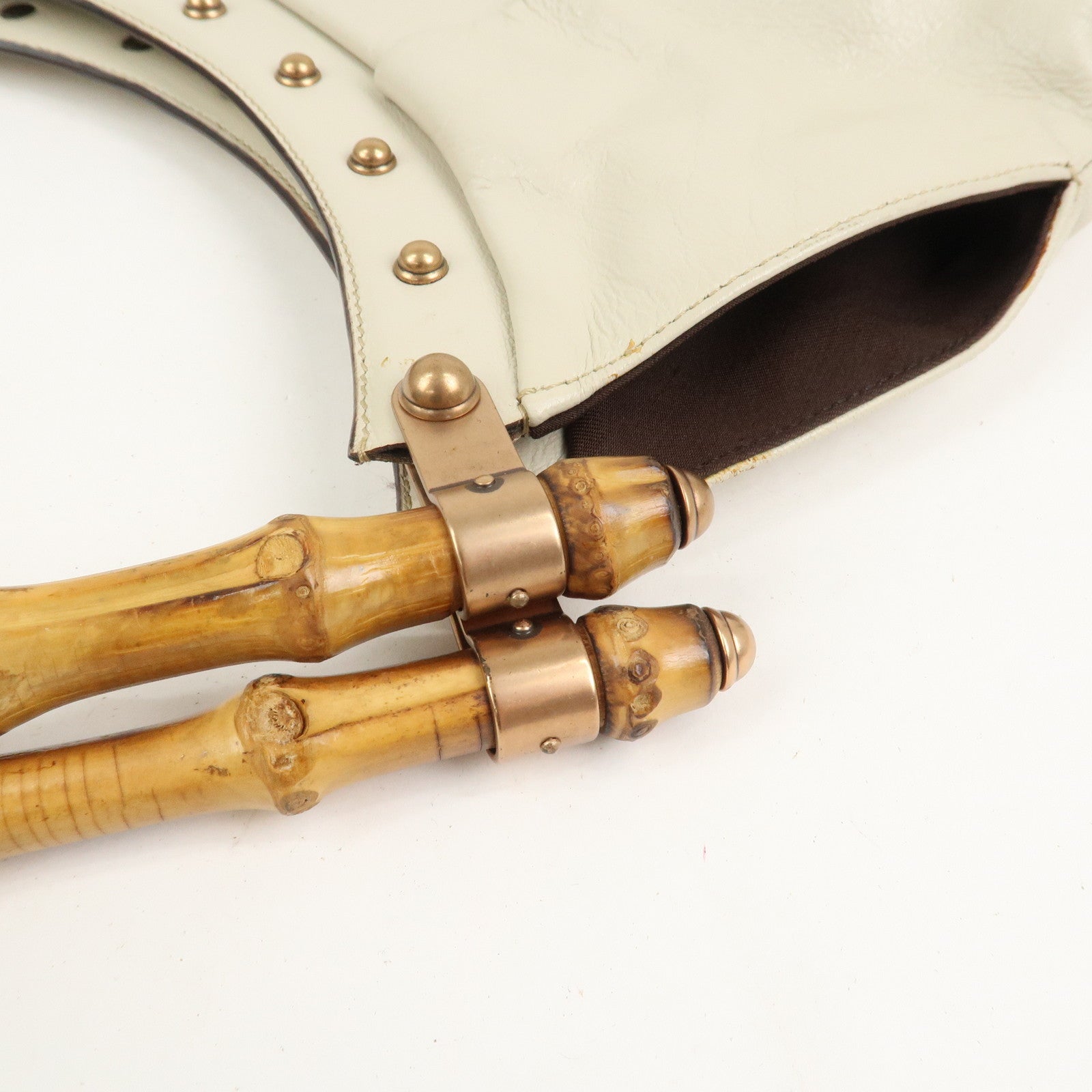 GUCCI Bamboo Leather Tucked Shoulder Bag Hand Bag Ivory 124293