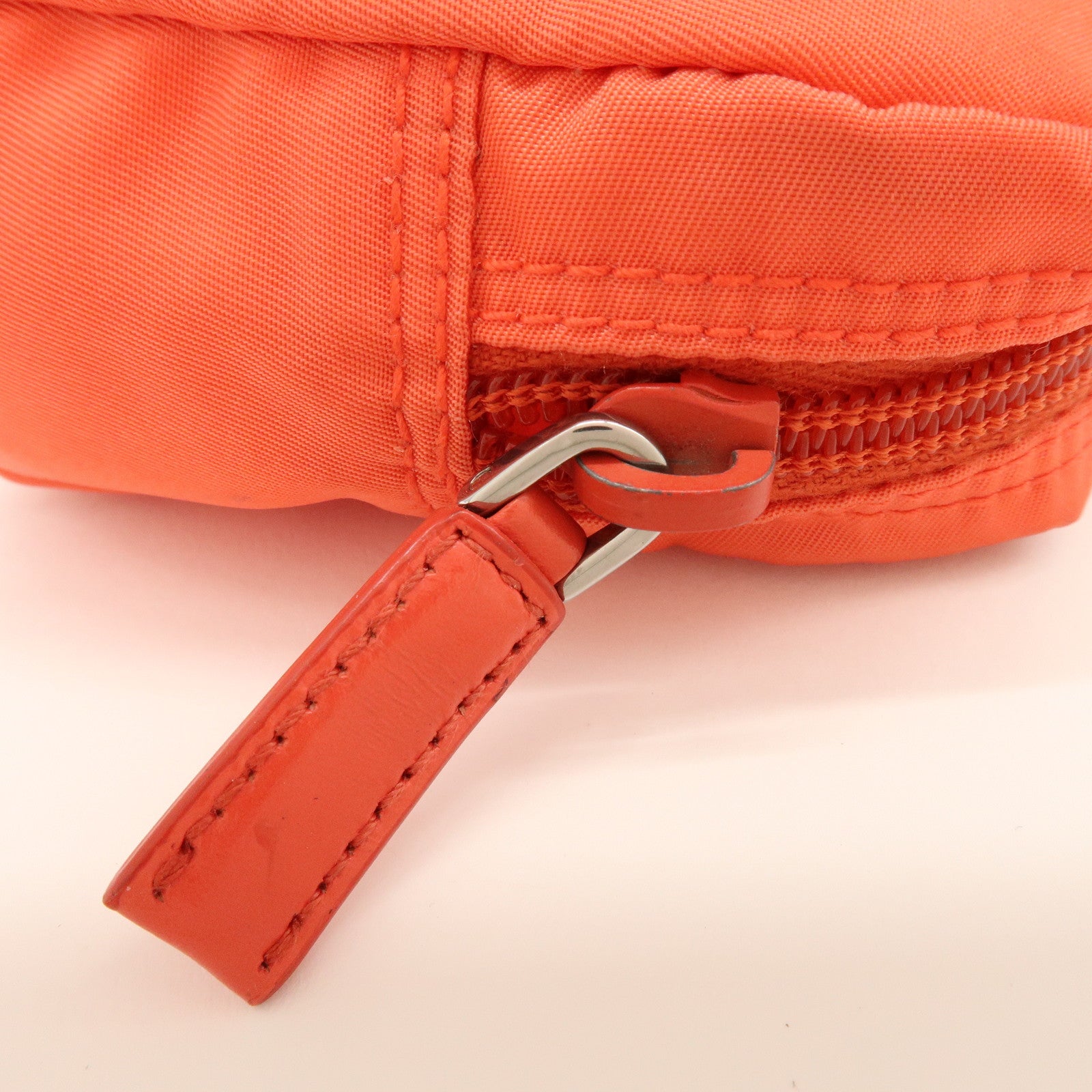 PRADA Triangel Logo Nylon Leather Pouch Cosmetic Case Coral