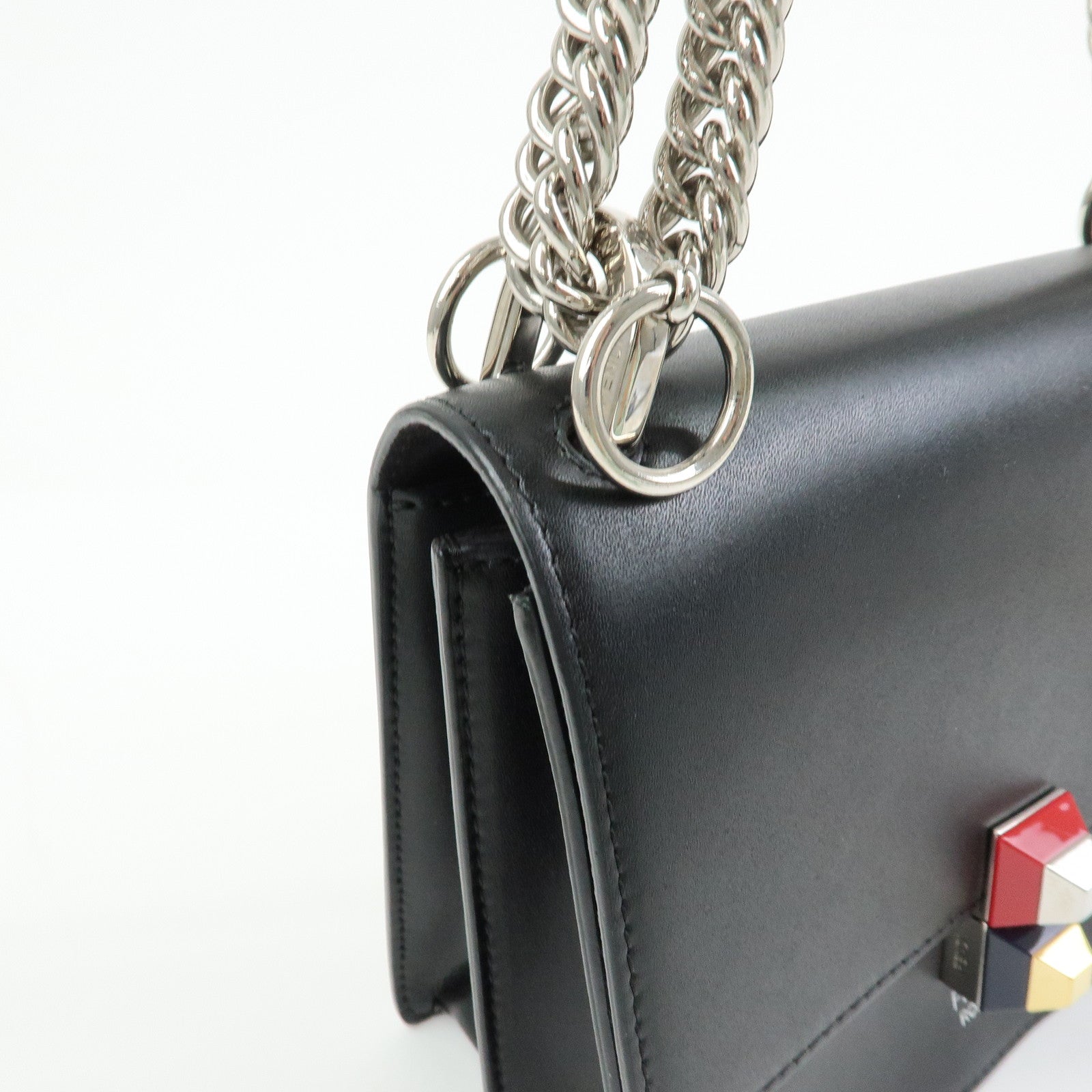 FENDI Kan I Mini Leather Chain Shoulder Crossbody Bag Black 8M0381