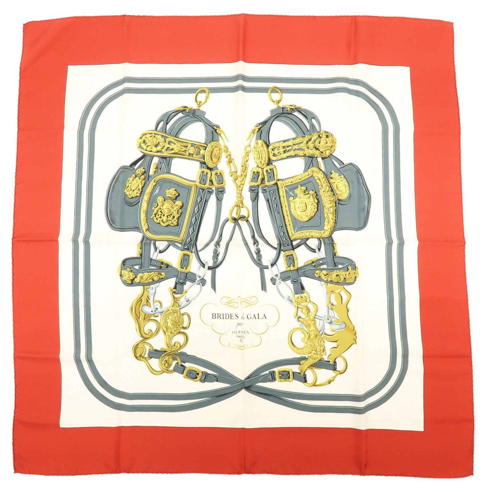 HERMES Carre 90 Silk 100% BRIDES DE GALA Scarf White Red