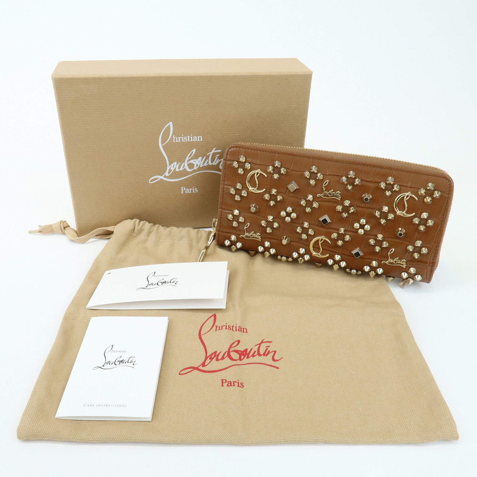 Christian Louboutin Embossed Leather Long Wallet Studs Brown