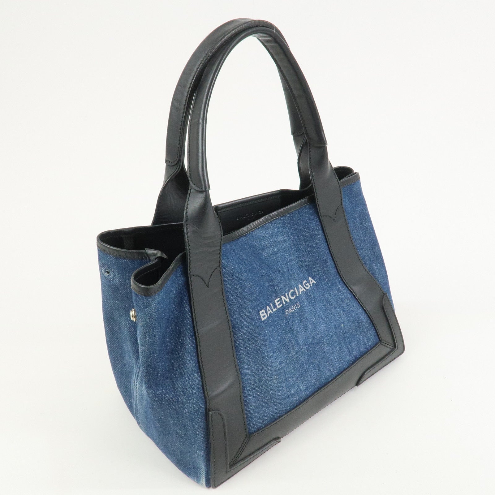 BALENCIAGA Navy Cabas Small Tote Bag Hand Bag Denim Black 339933