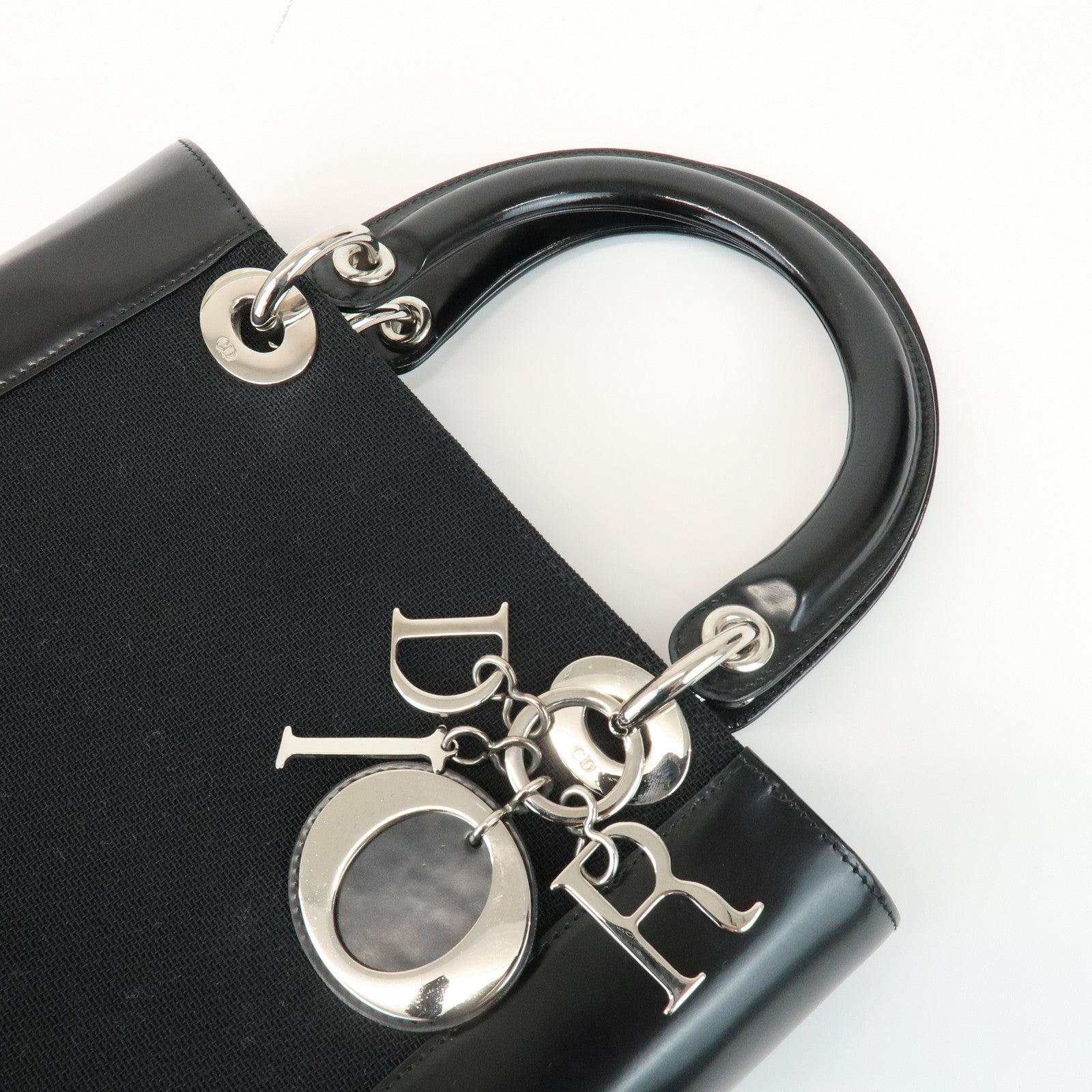 Christian Dior Lady Dior Canvas Patent Leather Hand Bag Black