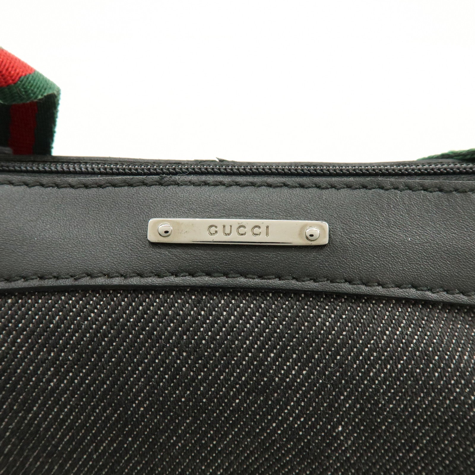 GUCCI Sherry Denim Leather Accessory Pouch Hand Bag Black 92820