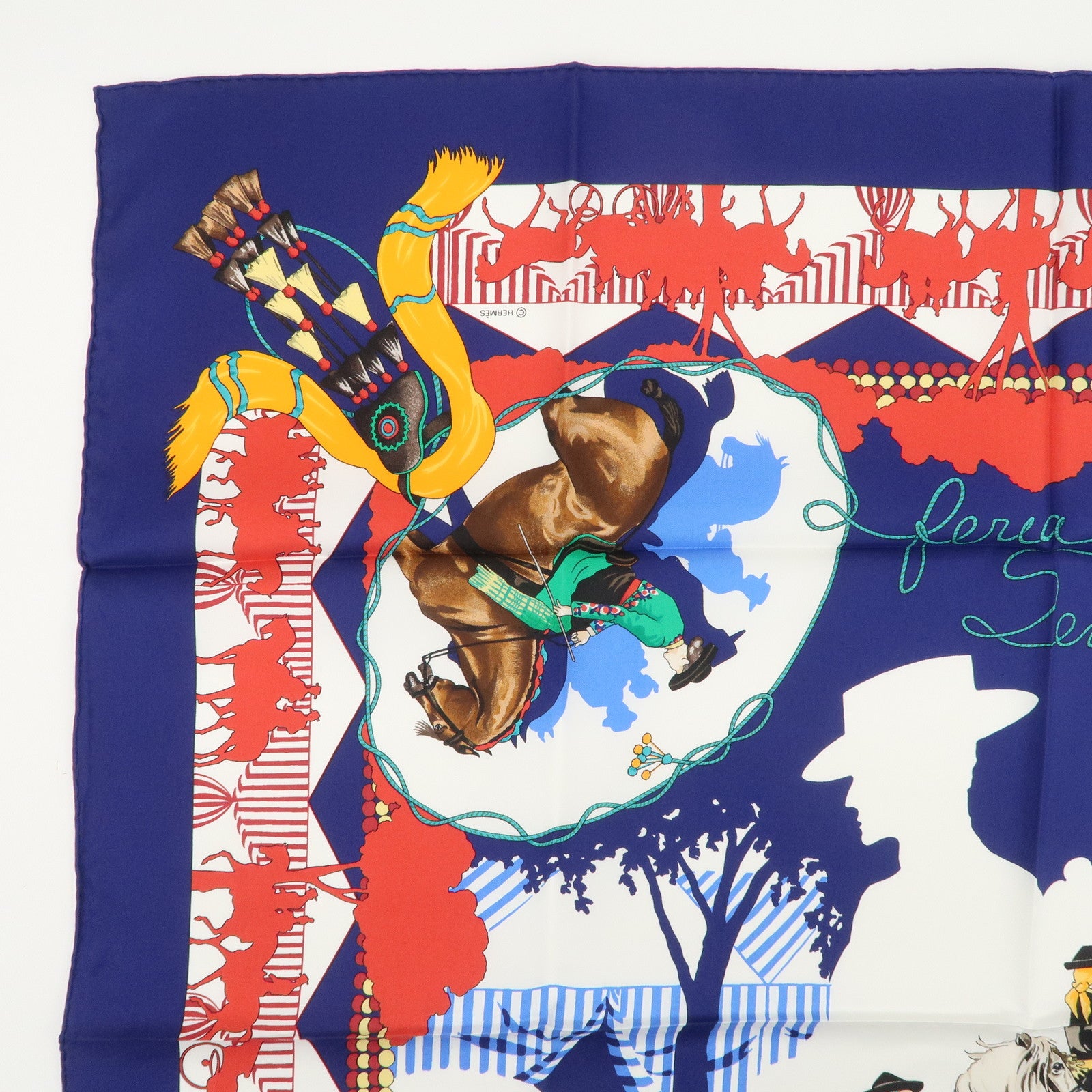 HERMES Carre 90 Silk 100% Scarf FERIA DE SEVILLA Navy White Red