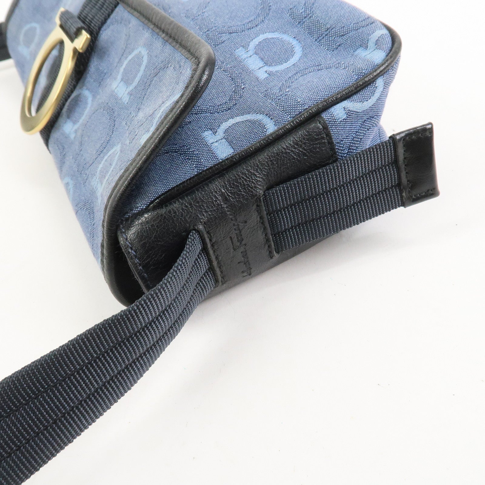 Ferragamo Gancini Canvas Leather Shoulder Bag Navy Black