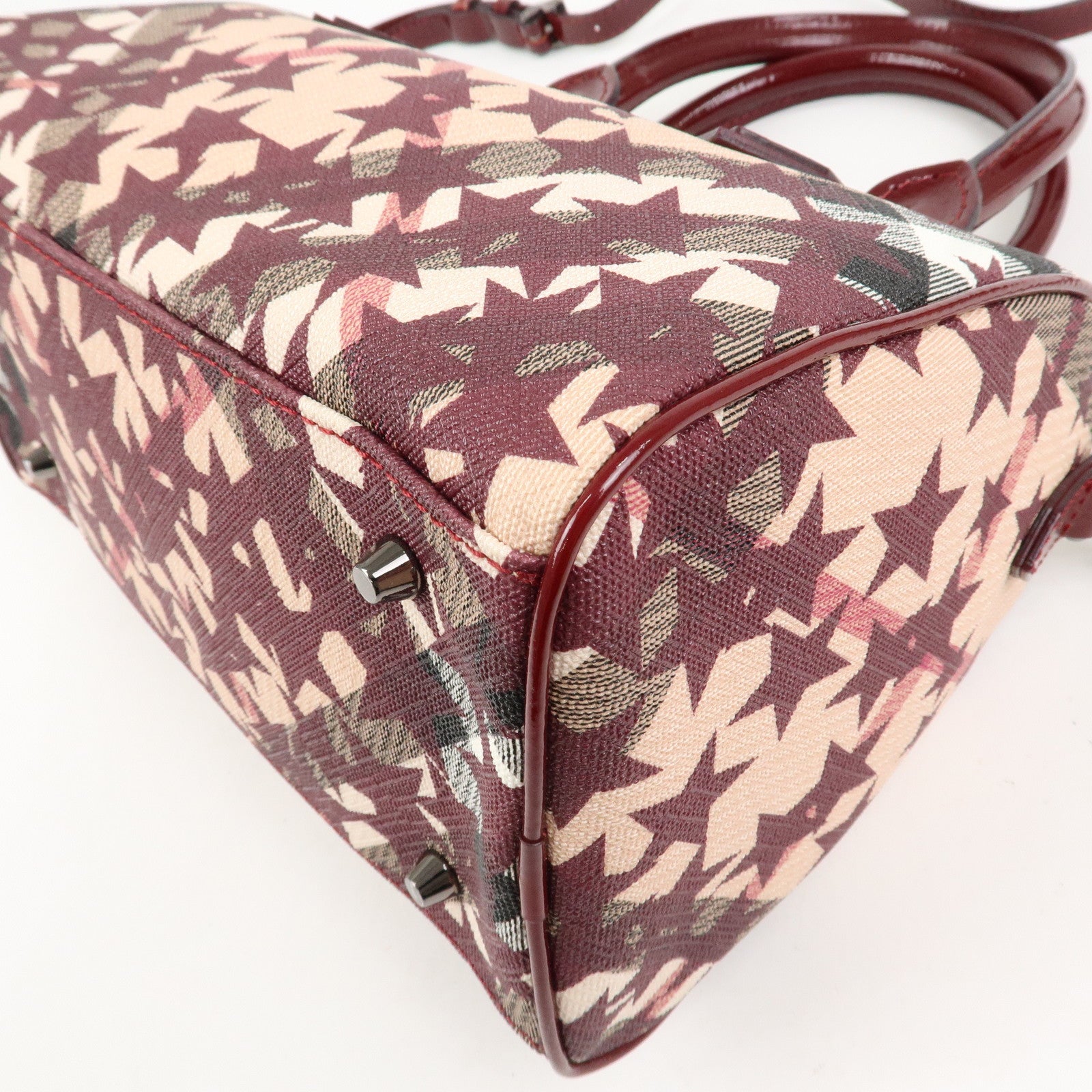 BURBERRY PVC Canvas Patent Leather Boston Bag Beige Bordeaux