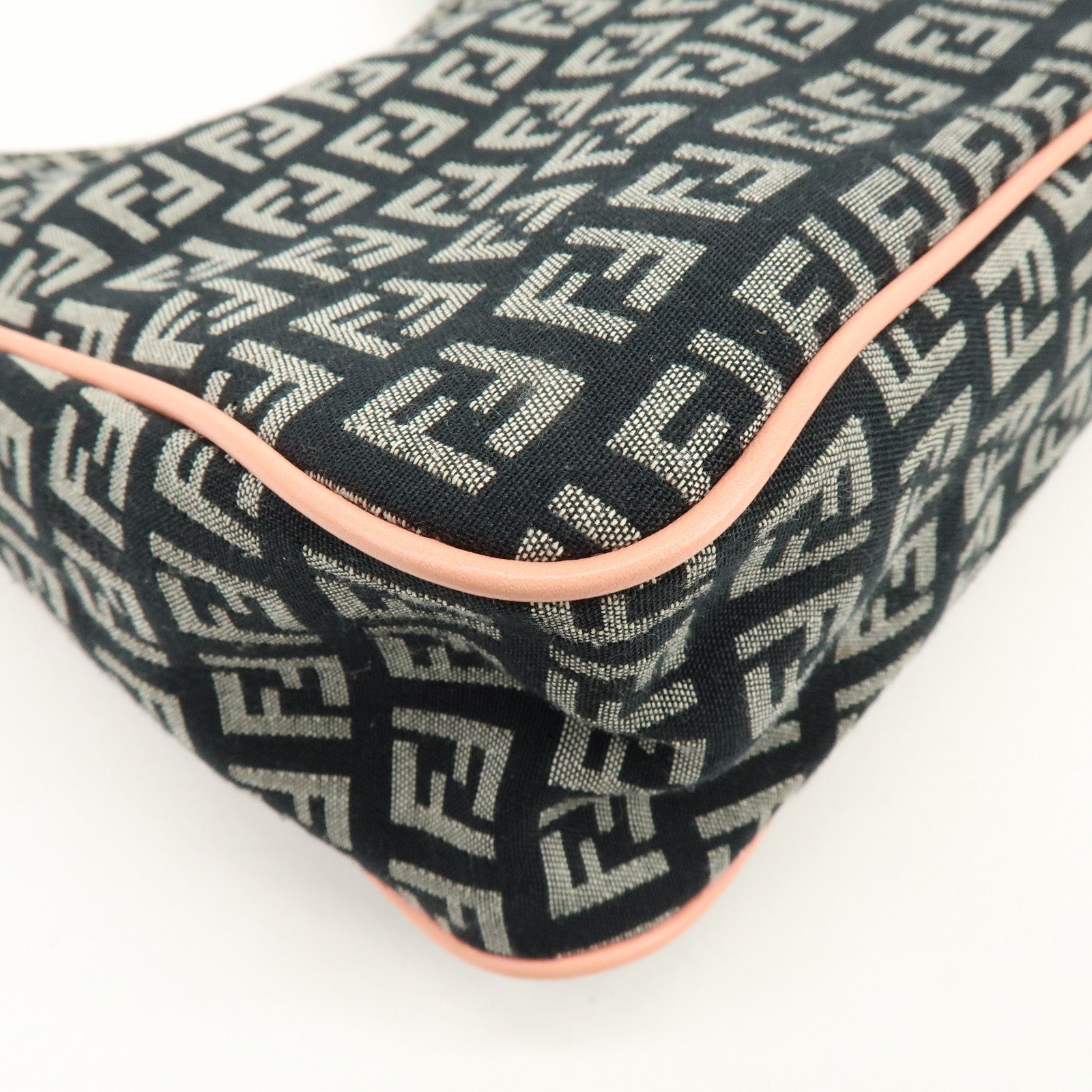 FENDI Zucchino Canvas Leather Hand Shoulder Bag Navy Pink 8BR158