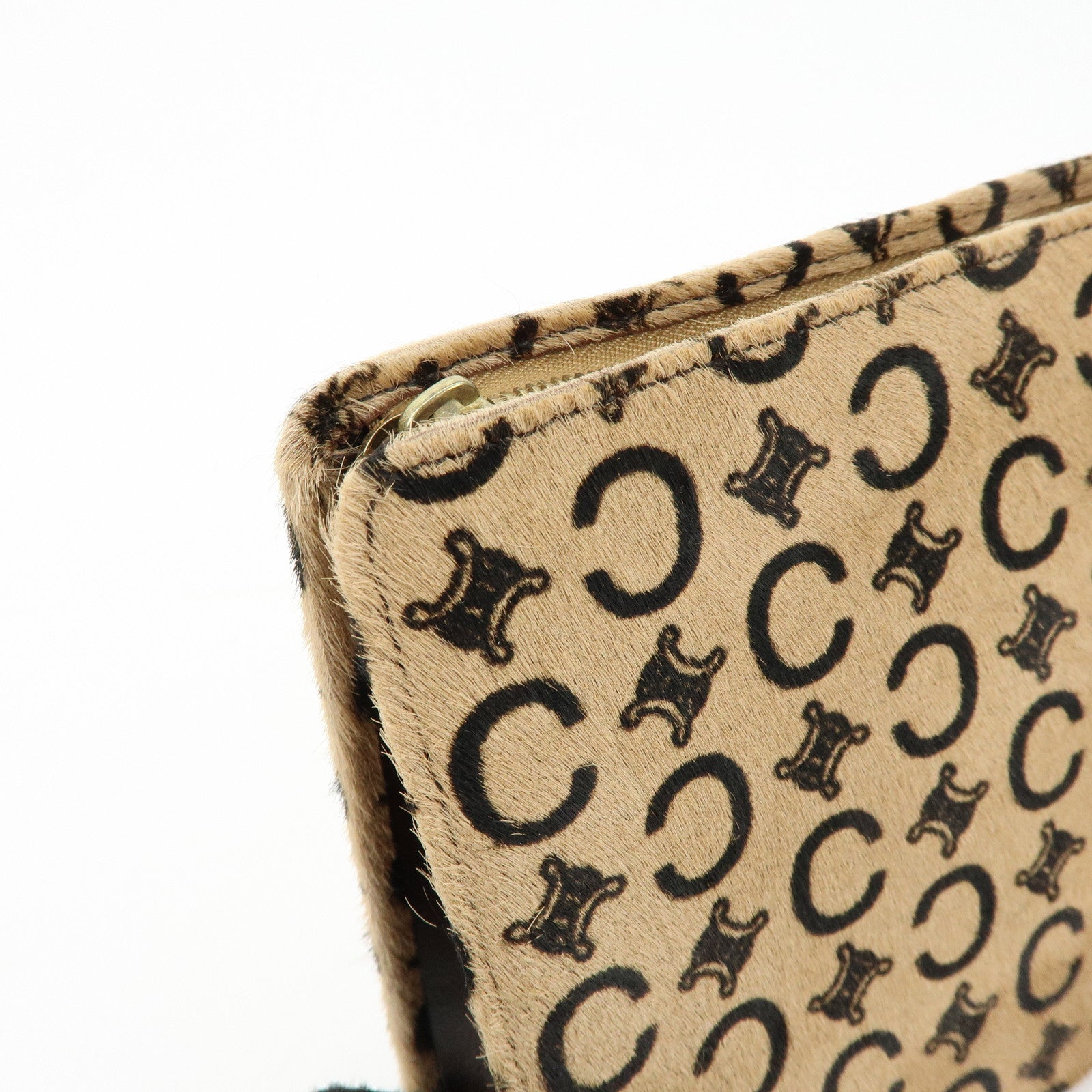 CELINE C Macadam Pony Hair Leather Clutch Bag Pouch Beige Brown