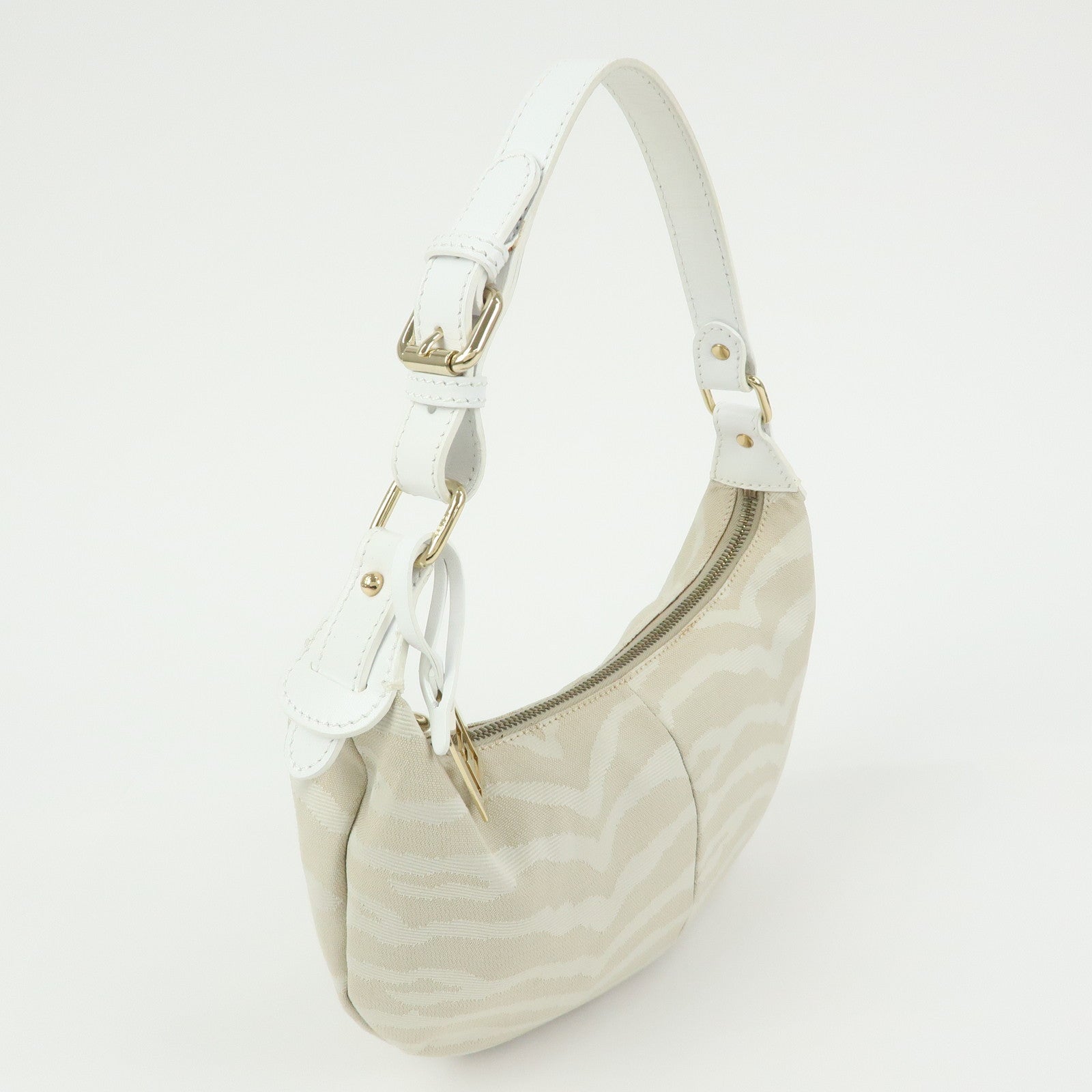 FENDI Canvas Leather Hand Bag Shoulder Bag Light Beige White 8BR391