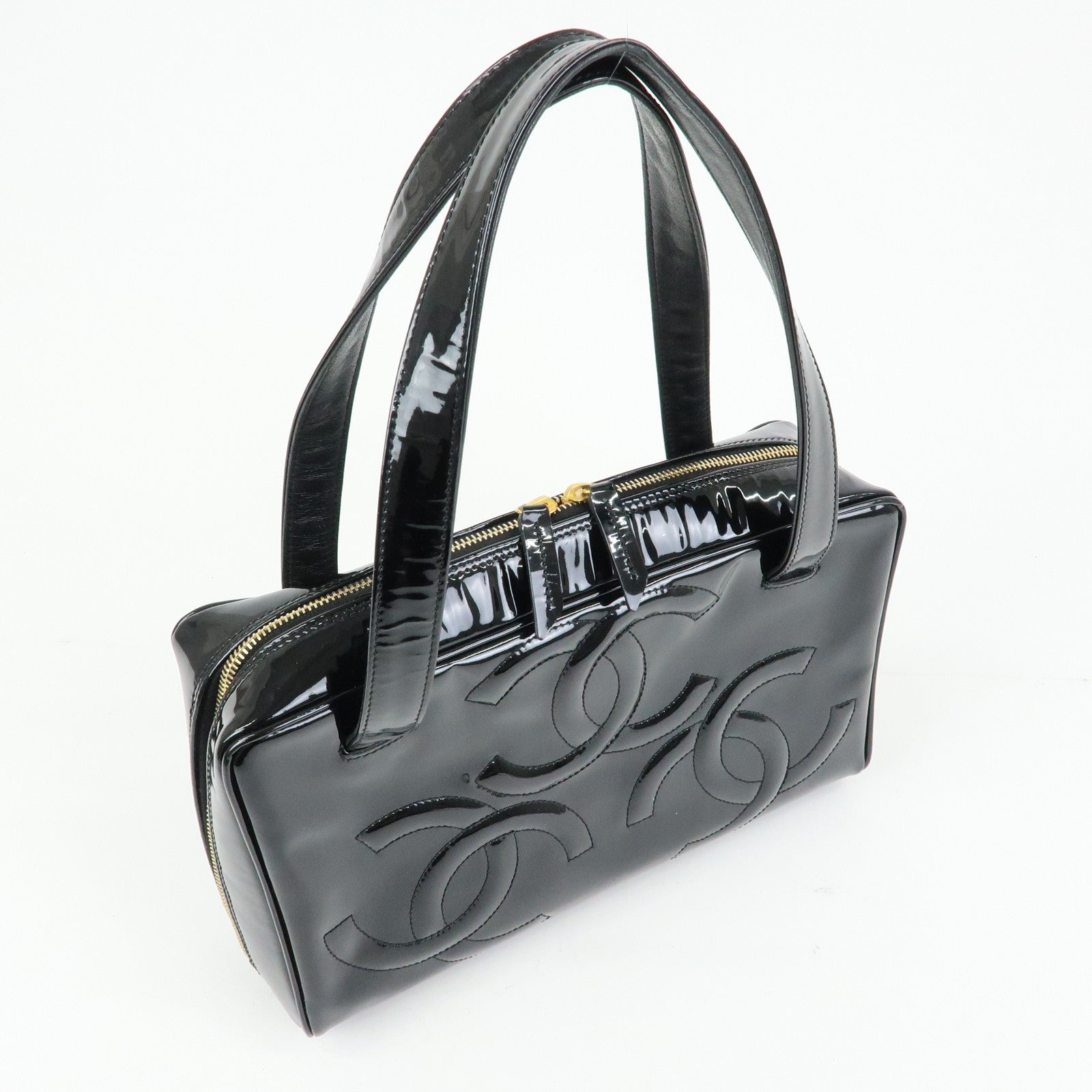 CHANEL Triple COCO Mark Patent Leather Tote Bag Hand Bag Black