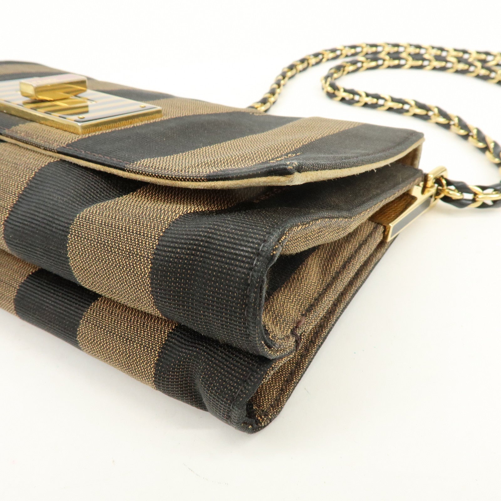 FENDI Pequin Canvas Leather Shoulder Bag Brown Black 8BT204