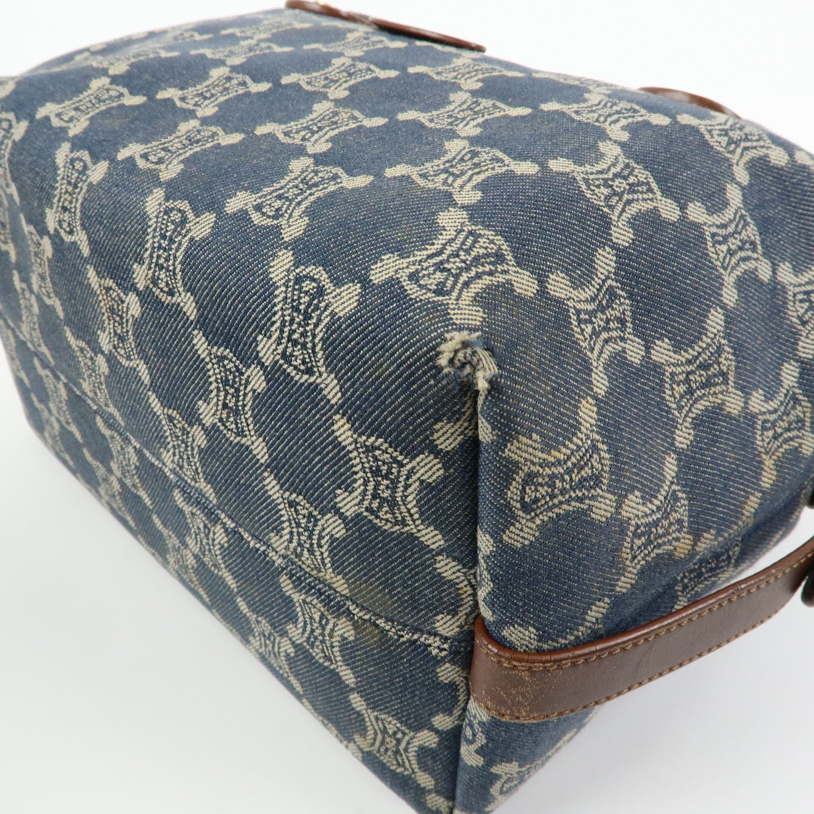 CELINE Macadam Denim Leather Shoulder Bag Hand Bag Blue Brown