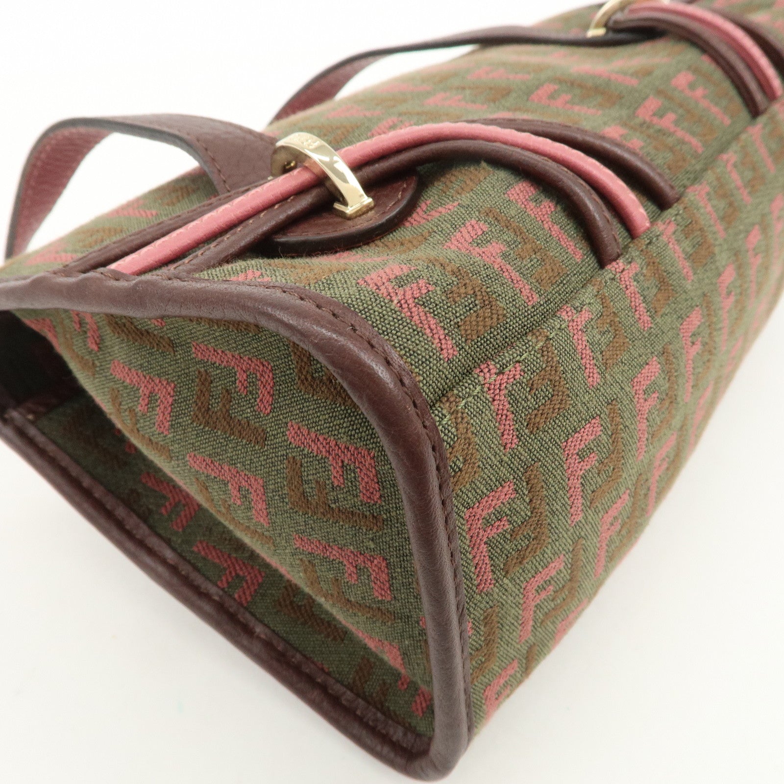FENDI Zucchino Logo Canvas Leather Hand Bag Brown Pink 8BN147
