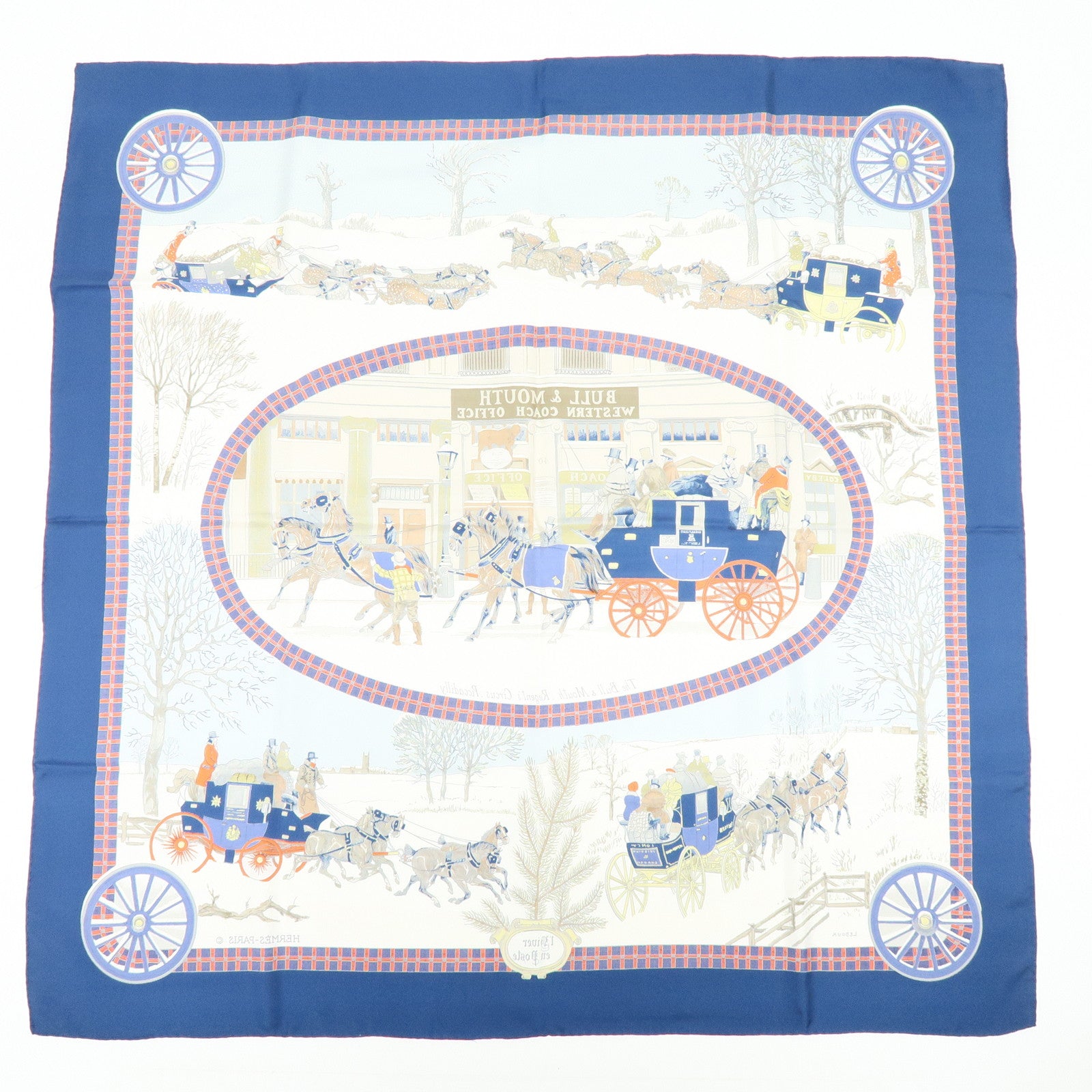 HERMES Carre 90 Silk 100% L'HIVER EN POSTE Scarf Navy Brown