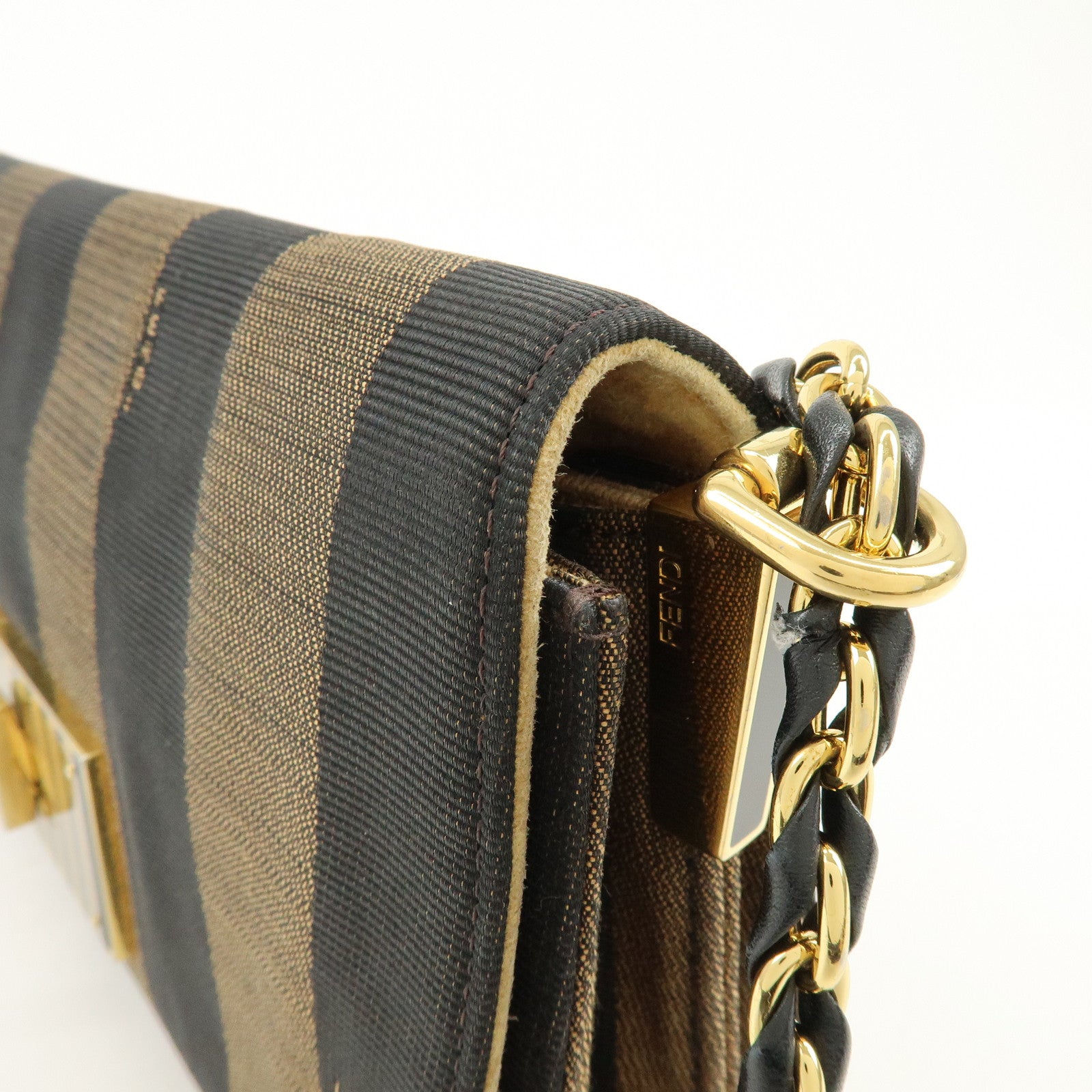 FENDI Pequin Canvas Leather Shoulder Bag Brown Black 8BT204