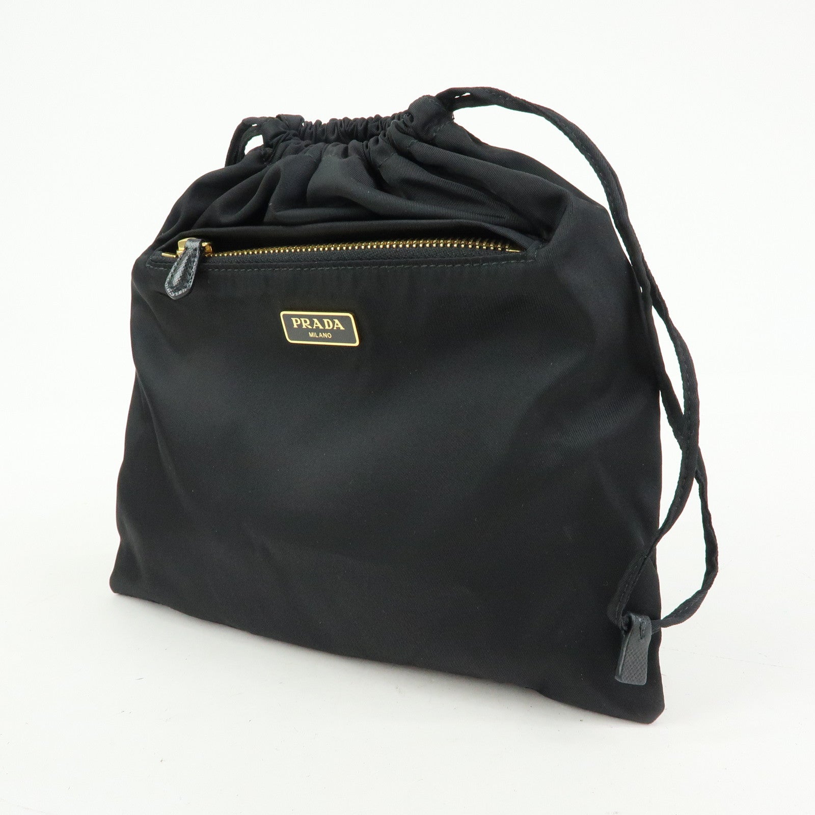 PRADA Triangle Logo Nylon Saffiano Leather Drawstring Pouch Black