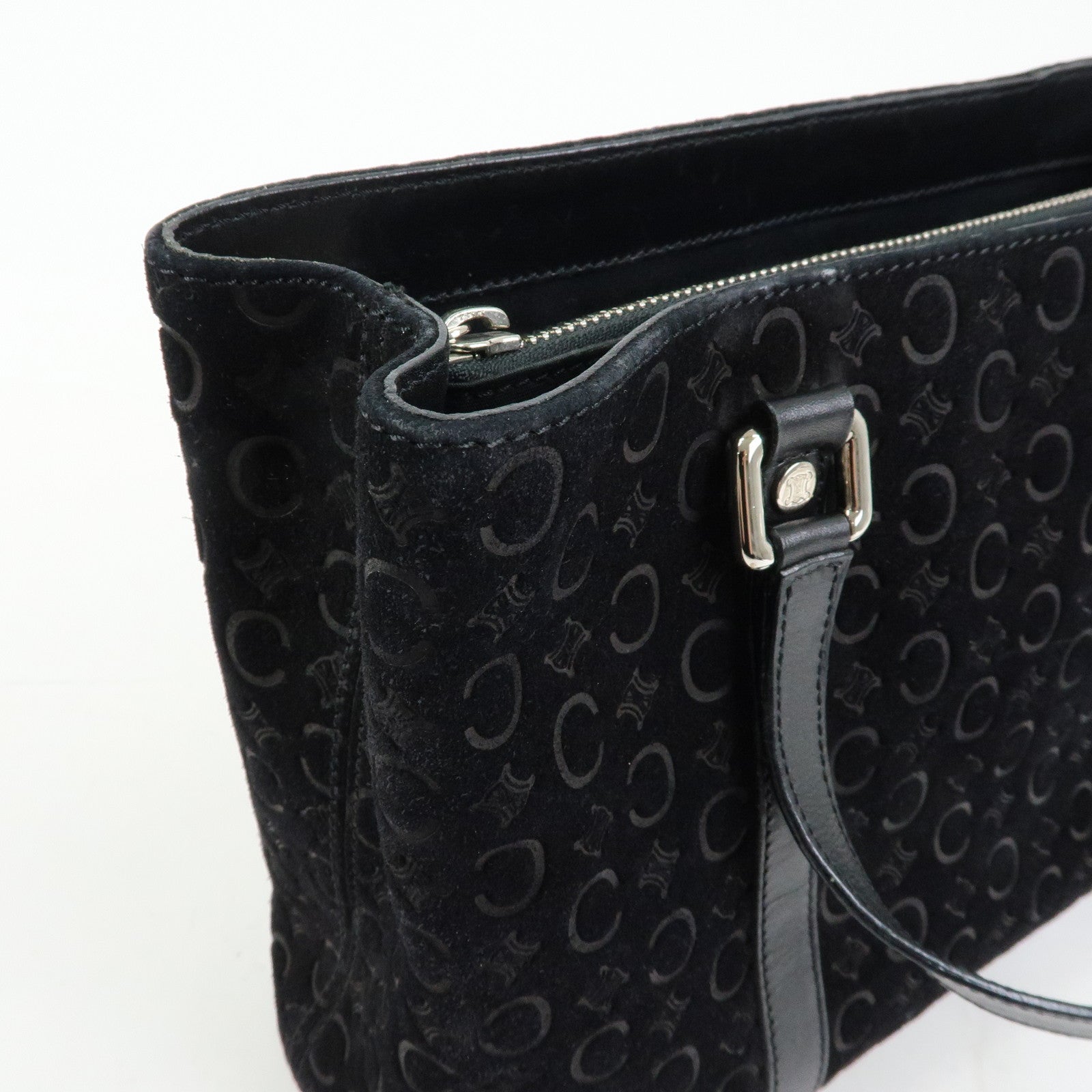 CELINE C Macadam Suede Leather Tote Bag Hand Bag Black