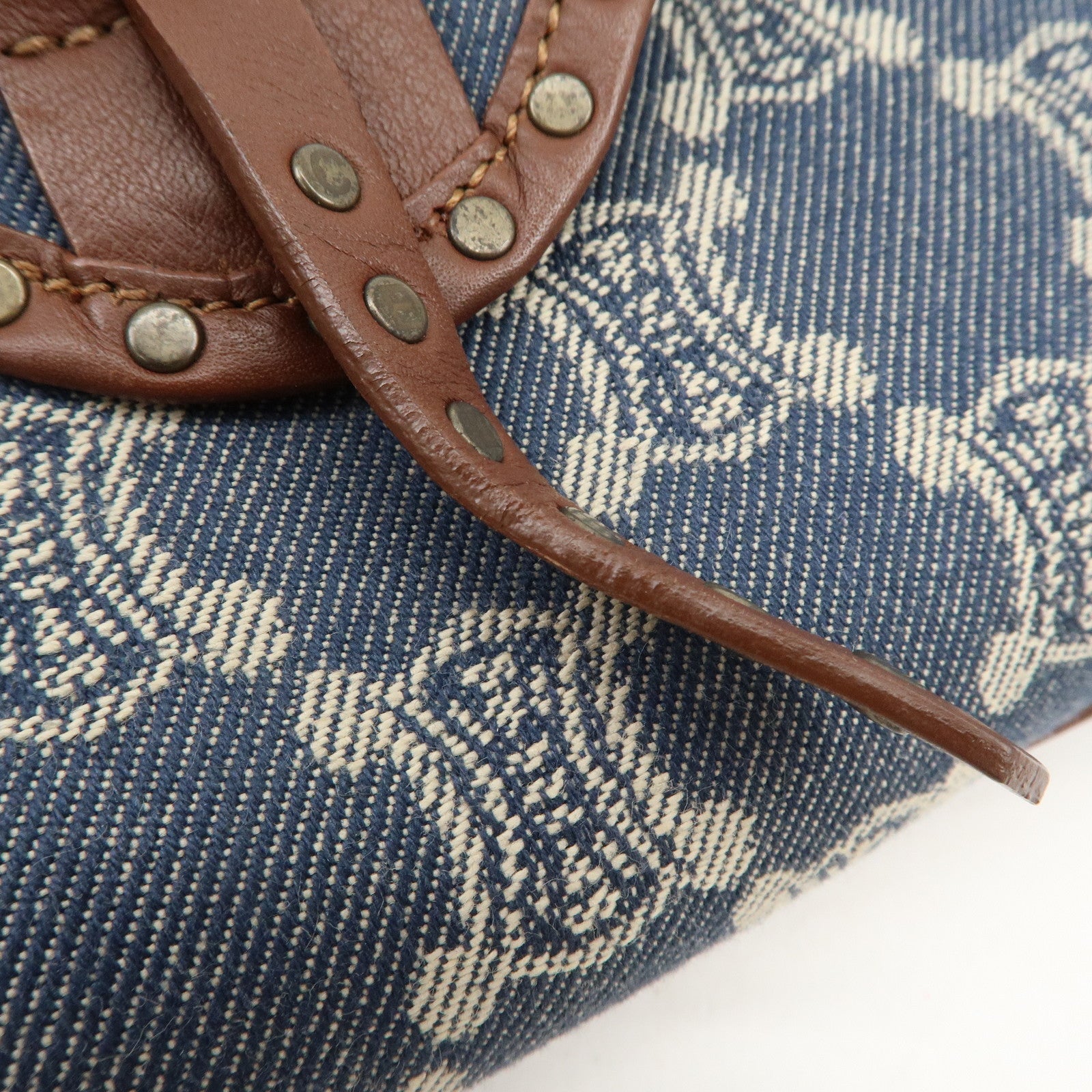 CELINE Macadam Canvas Leather Shoulder Bag Hand Bag Navy Brown